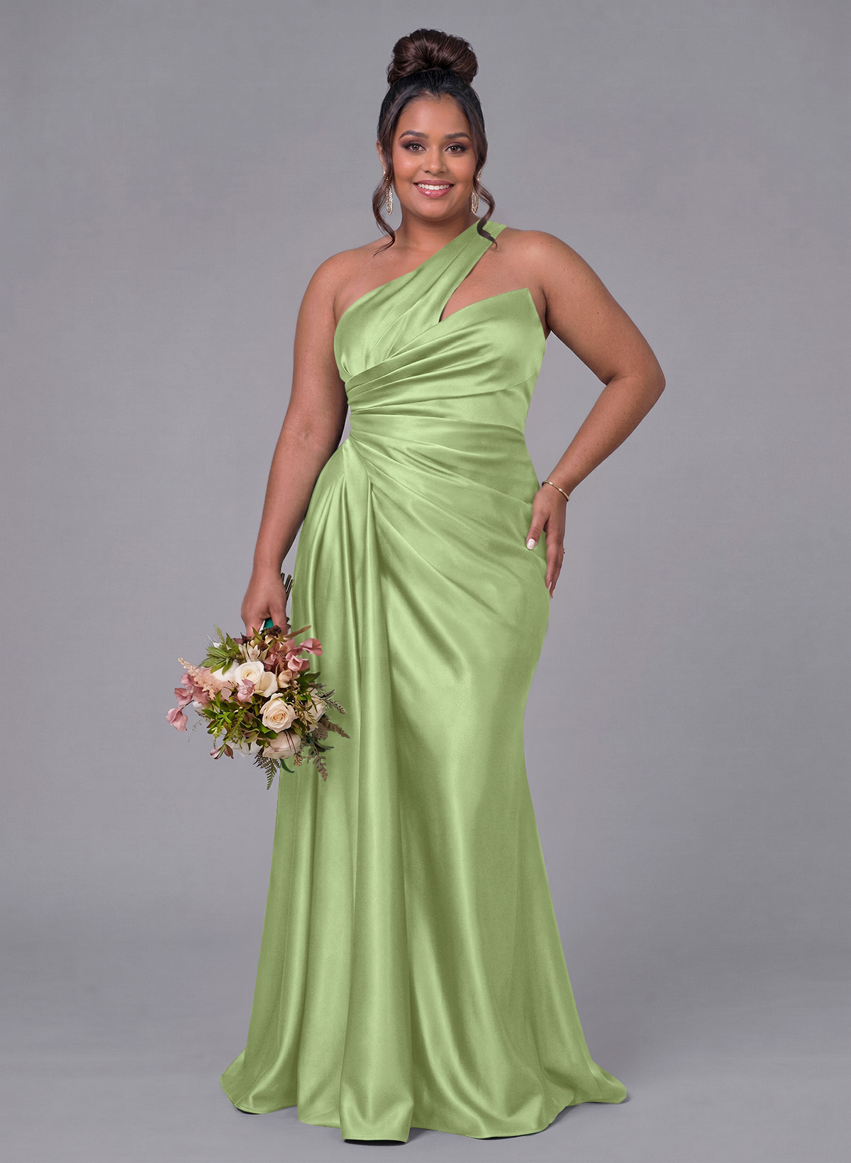 Sheath/Column One-Shoulder Silk Like Satin Bridesmaid Dresses With Ruffle, product image 354