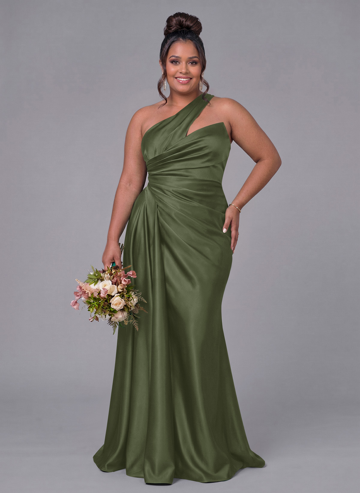 Sheath/Column One-Shoulder Silk Like Satin Bridesmaid Dresses With Ruffle, product image 346