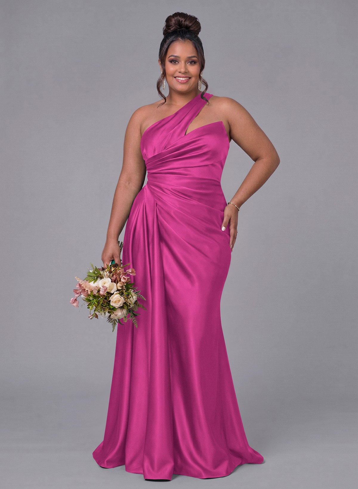 Sheath/Column One-Shoulder Silk Like Satin Bridesmaid Dresses With Ruffle, product image 322