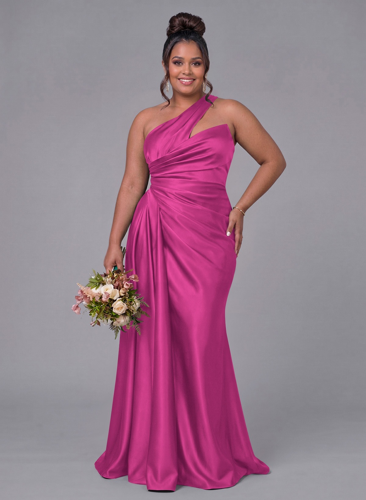 Sheath/Column One-Shoulder Silk Like Satin Bridesmaid Dresses With Ruffle, product image 322