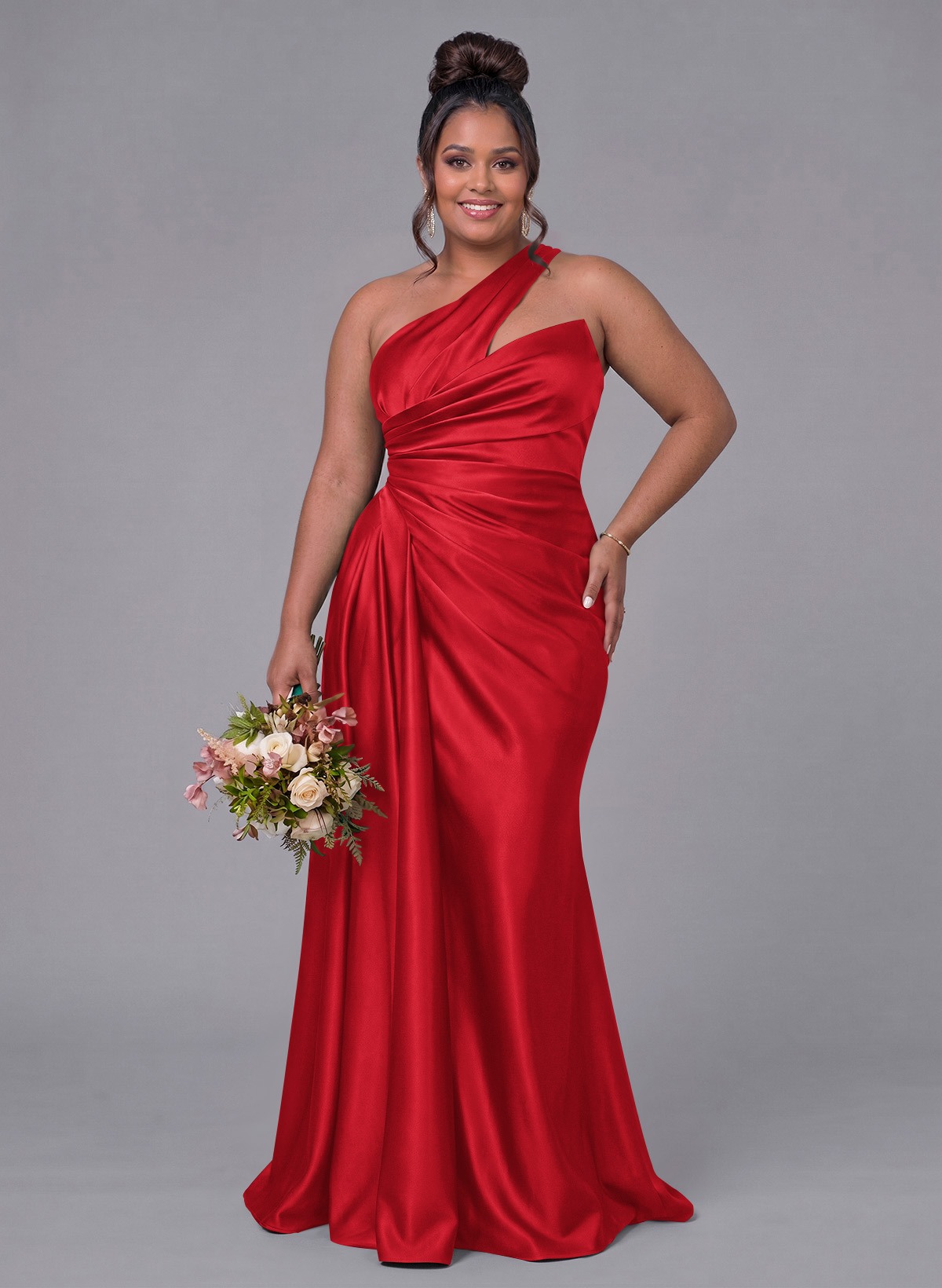 Sheath/Column One-Shoulder Silk Like Satin Bridesmaid Dresses With Ruffle, product image 302