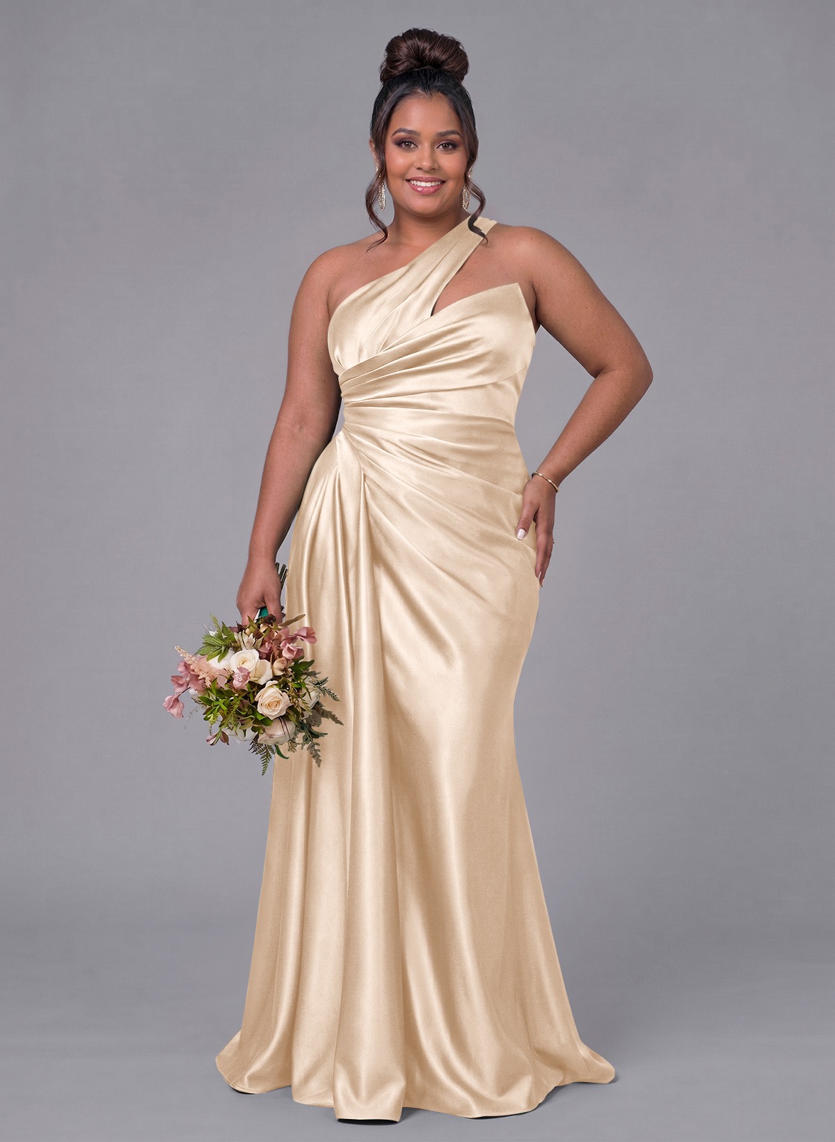 Sheath/Column One-Shoulder Silk Like Satin Bridesmaid Dresses With Ruffle, product image 348