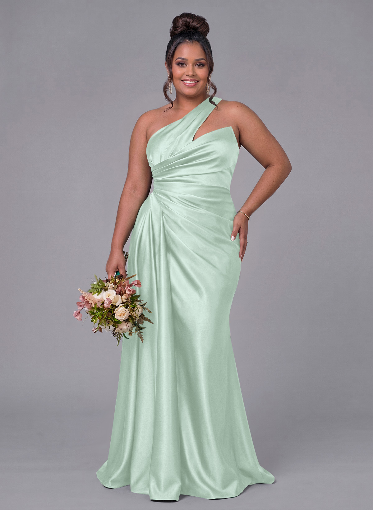 Sheath/Column One-Shoulder Silk Like Satin Bridesmaid Dresses With Ruffle, product image 336