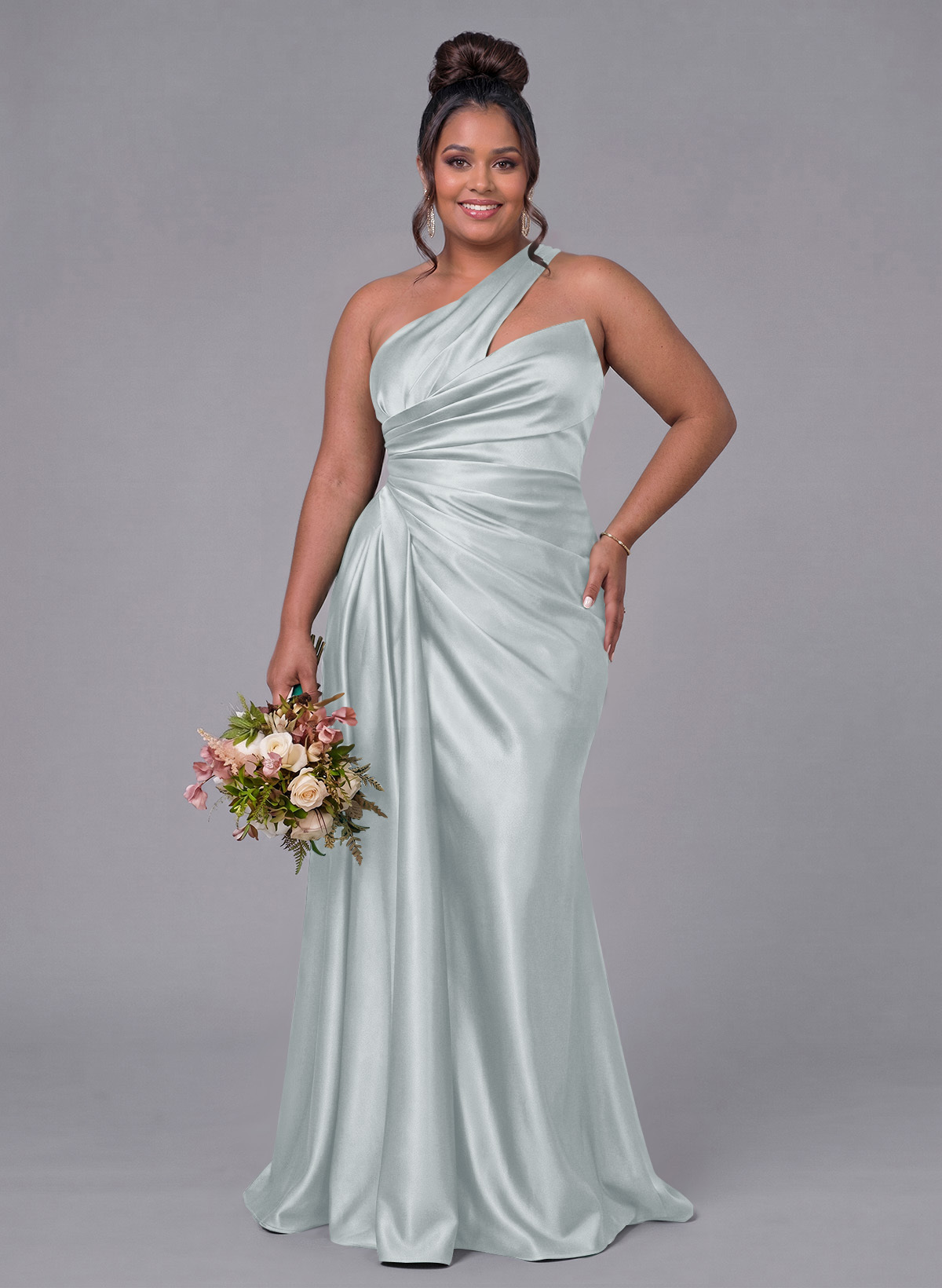 Sheath/Column One-Shoulder Silk Like Satin Bridesmaid Dresses With Ruffle, product image 280