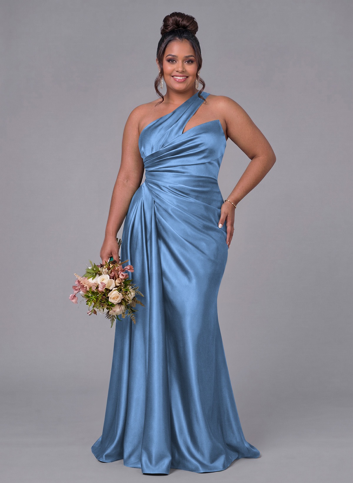 Sheath/Column One-Shoulder Silk Like Satin Bridesmaid Dresses With Ruffle, product image 270