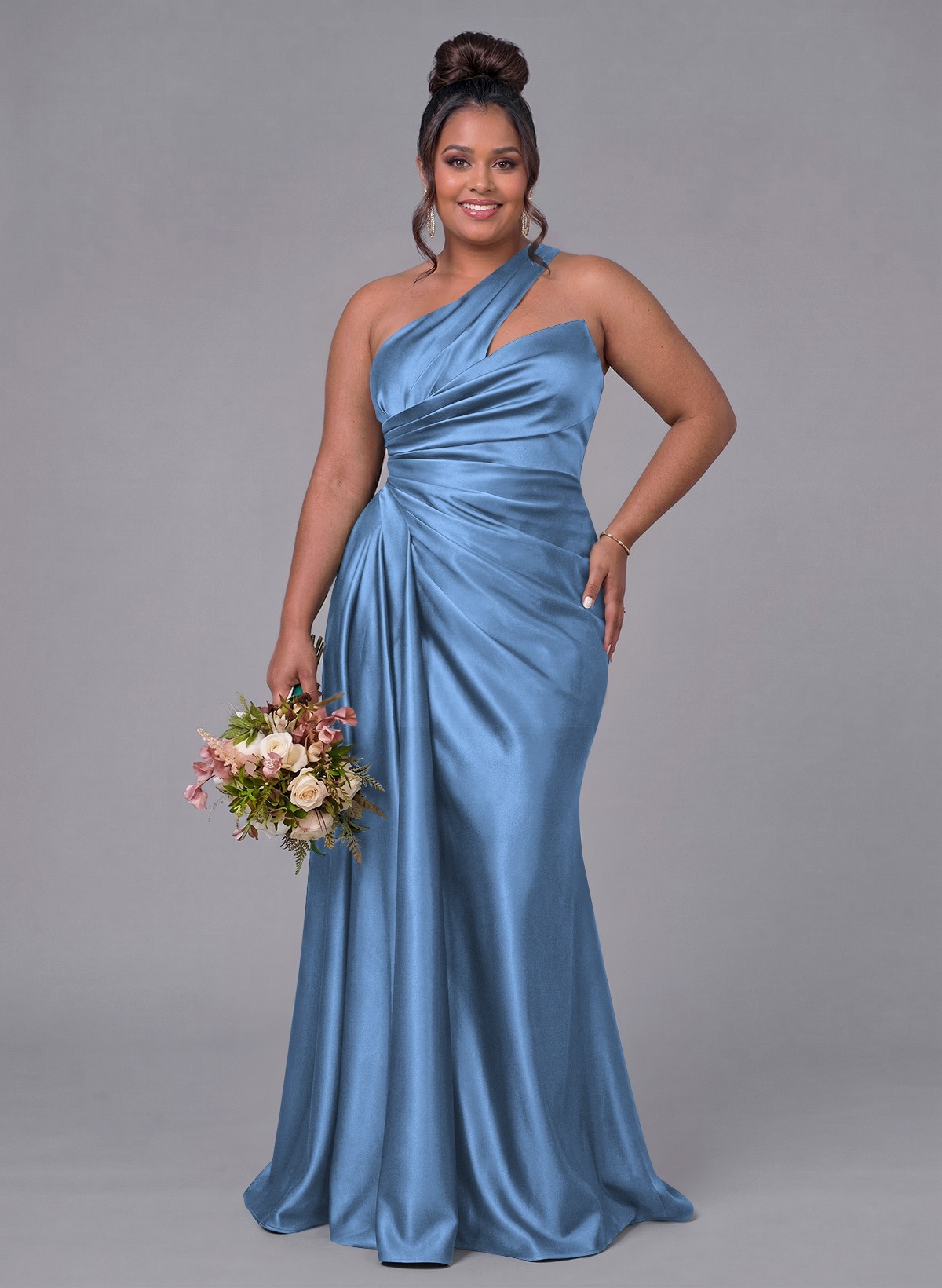 Sheath/Column One-Shoulder Silk Like Satin Bridesmaid Dresses With Ruffle, product image 270