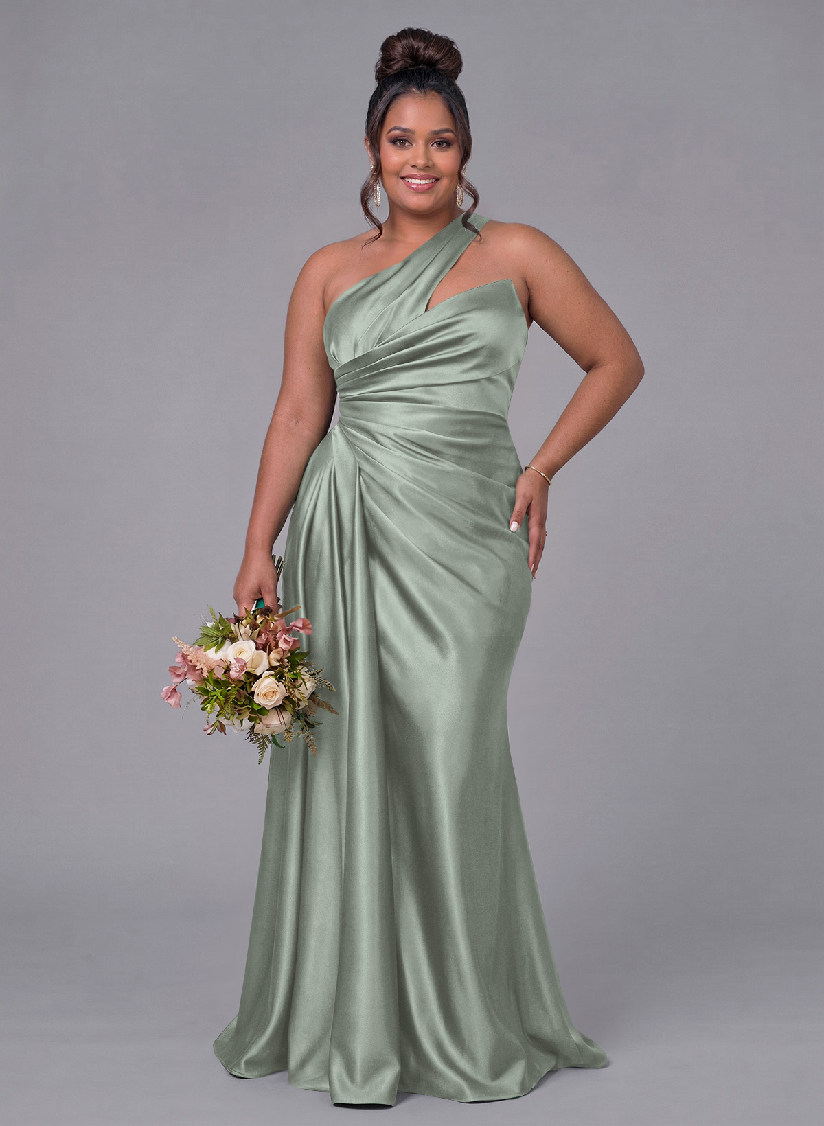 Sheath/Column One-Shoulder Silk Like Satin Bridesmaid Dresses With Ruffle, product image 296