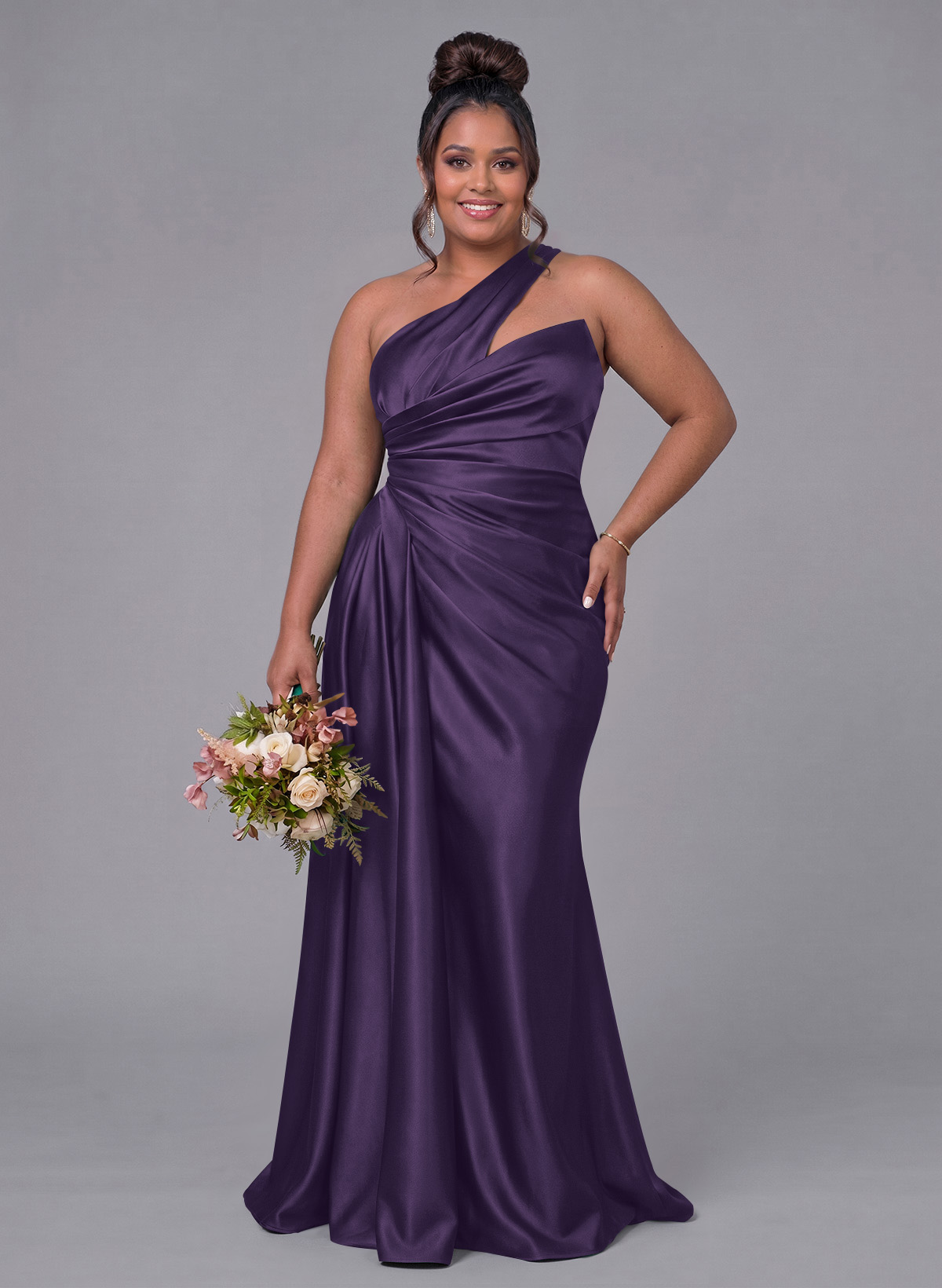 Sheath/Column One-Shoulder Silk Like Satin Bridesmaid Dresses With Ruffle, product image 320