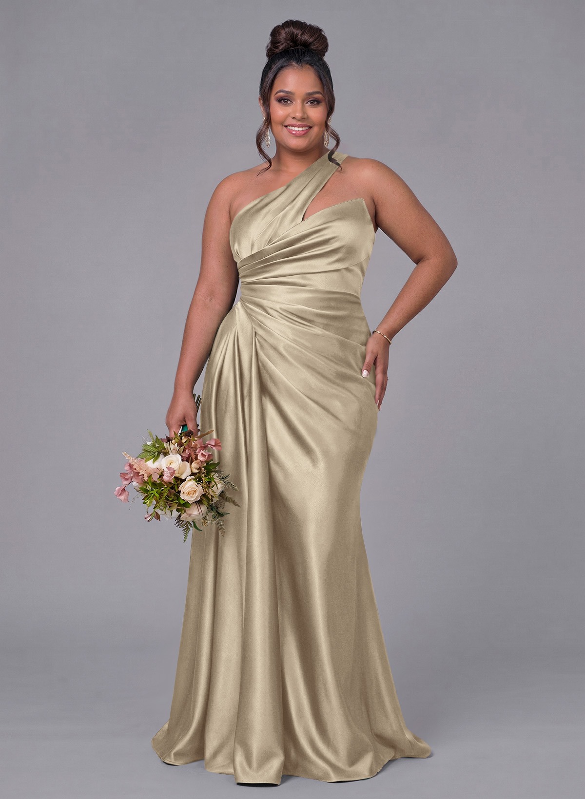 Sheath/Column One-Shoulder Silk Like Satin Bridesmaid Dresses With Ruffle, product image 312