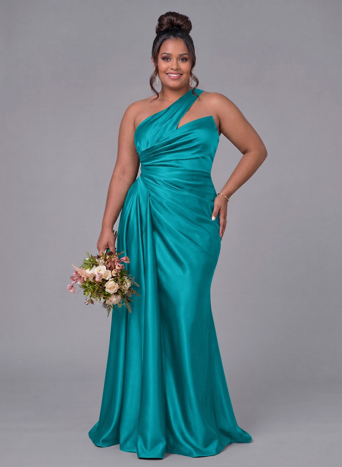 Sheath/Column One-Shoulder Silk Like Satin Bridesmaid Dresses With Ruffle, product image 356