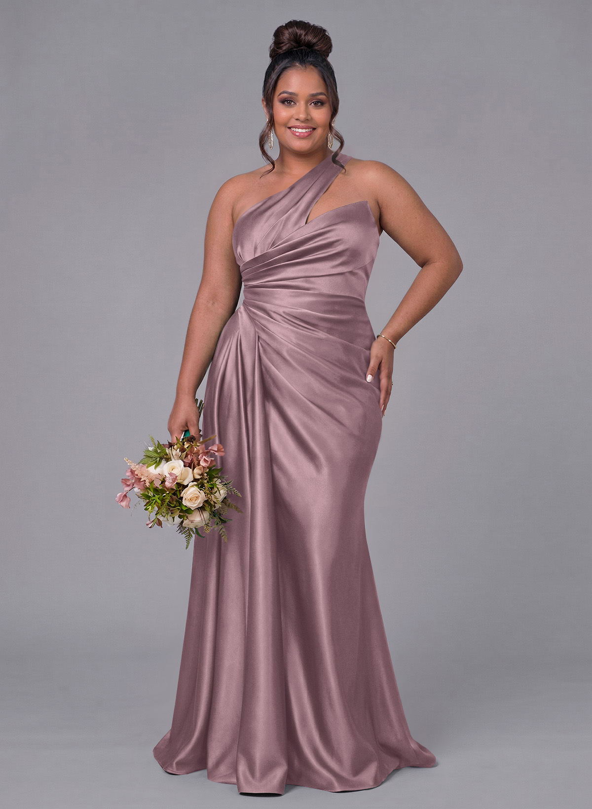Sheath/Column One-Shoulder Silk Like Satin Bridesmaid Dresses With Ruffle, product image 292