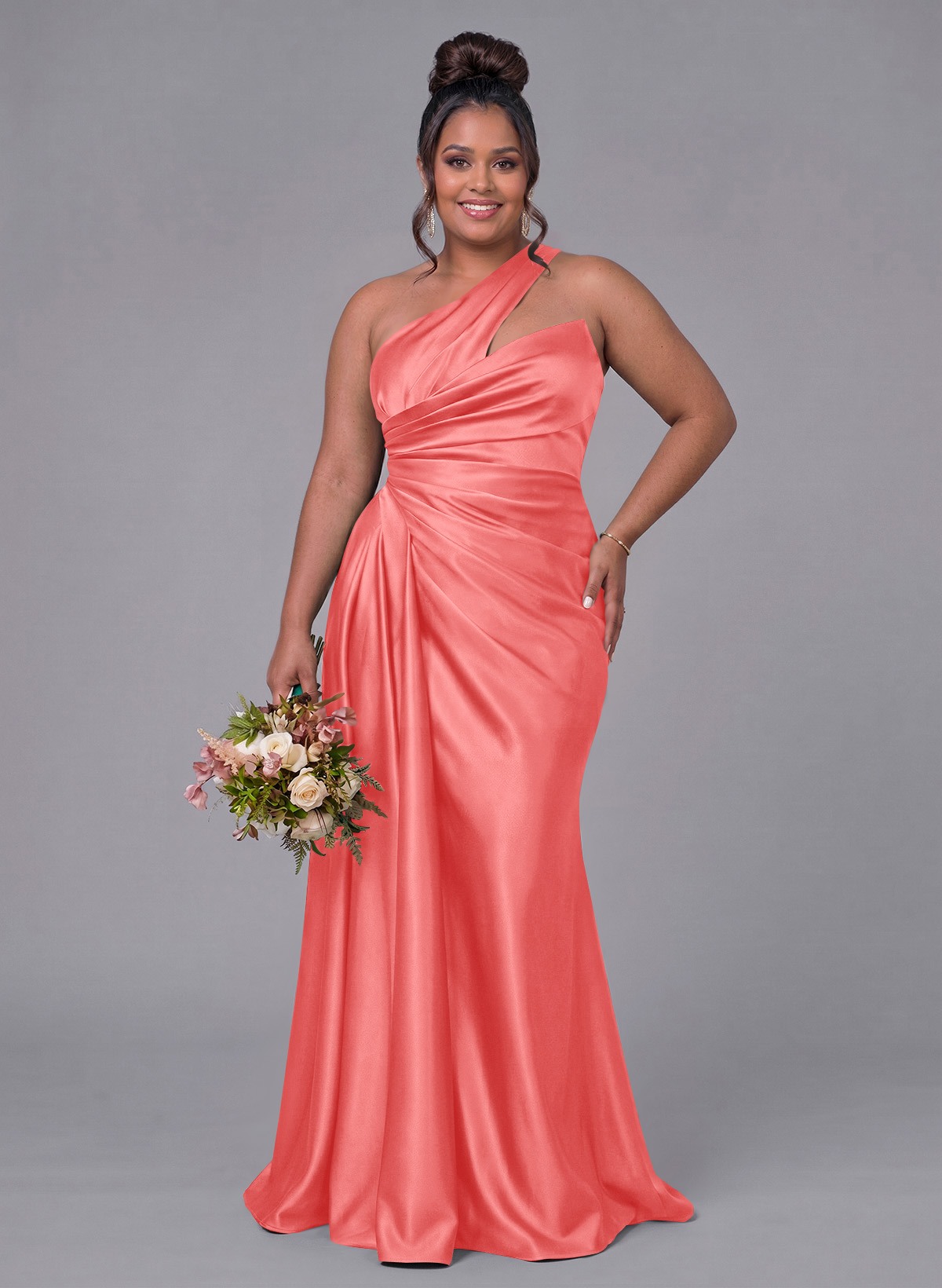 Sheath/Column One-Shoulder Silk Like Satin Bridesmaid Dresses With Ruffle, product image 330