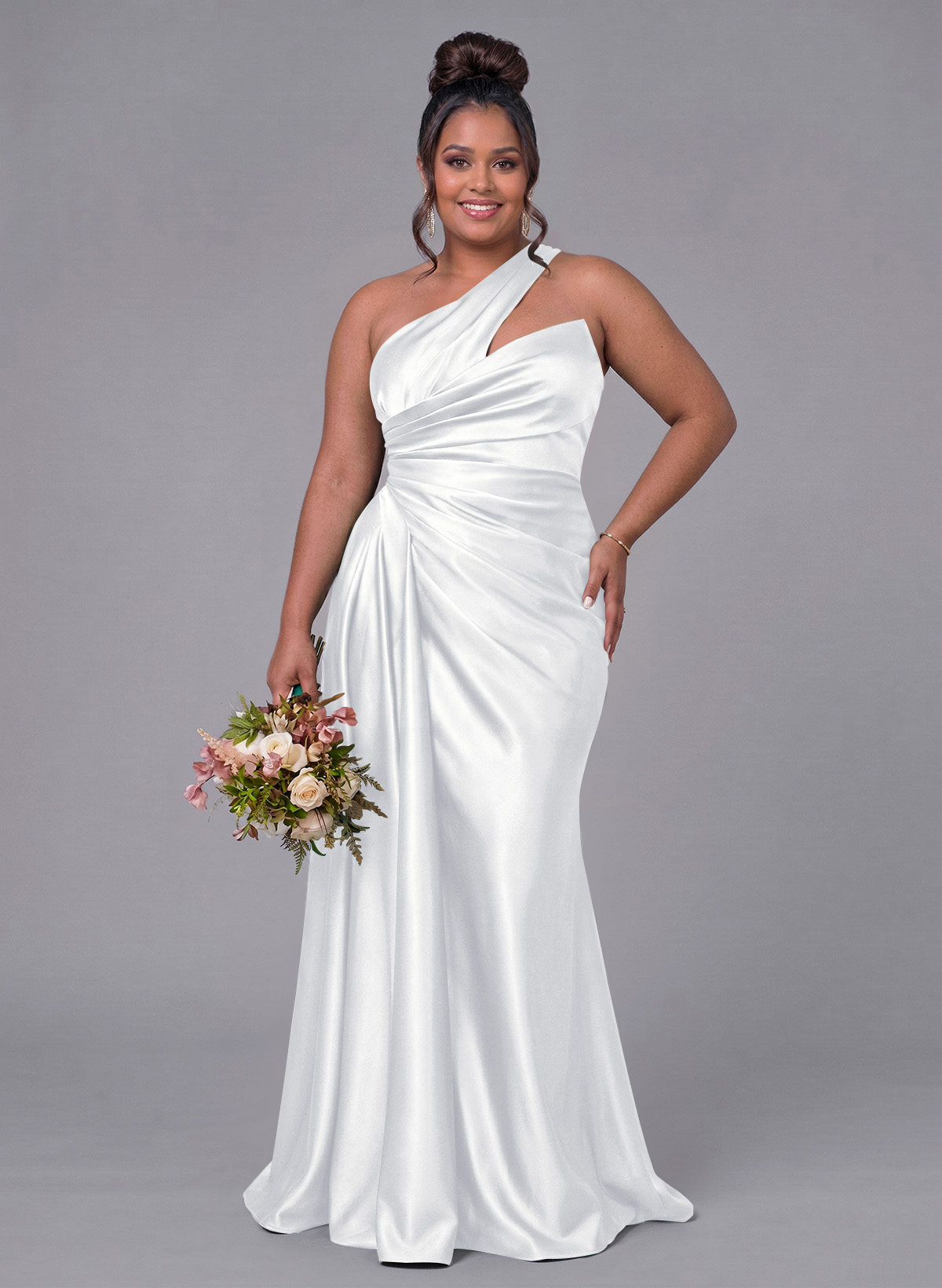Sheath/Column One-Shoulder Silk Like Satin Bridesmaid Dresses With Ruffle, product image 340