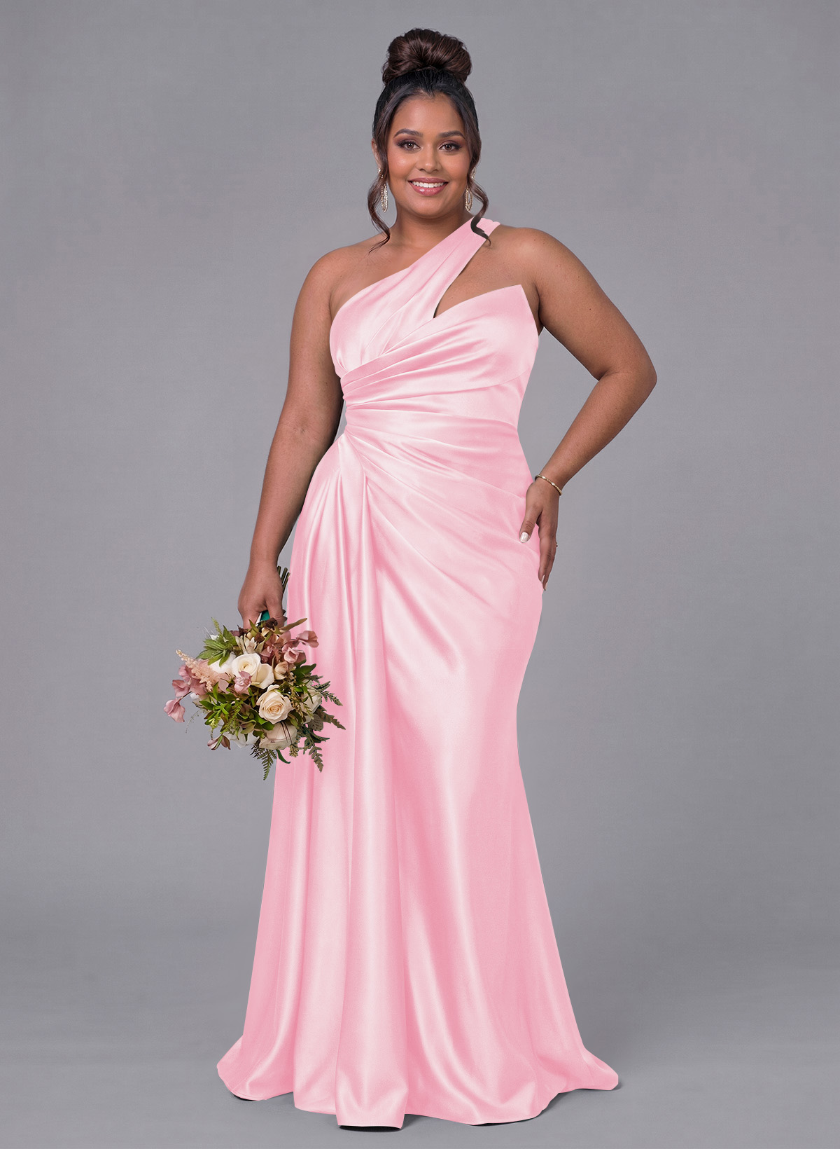 Sheath/Column One-Shoulder Silk Like Satin Bridesmaid Dresses With Ruffle, product image 326