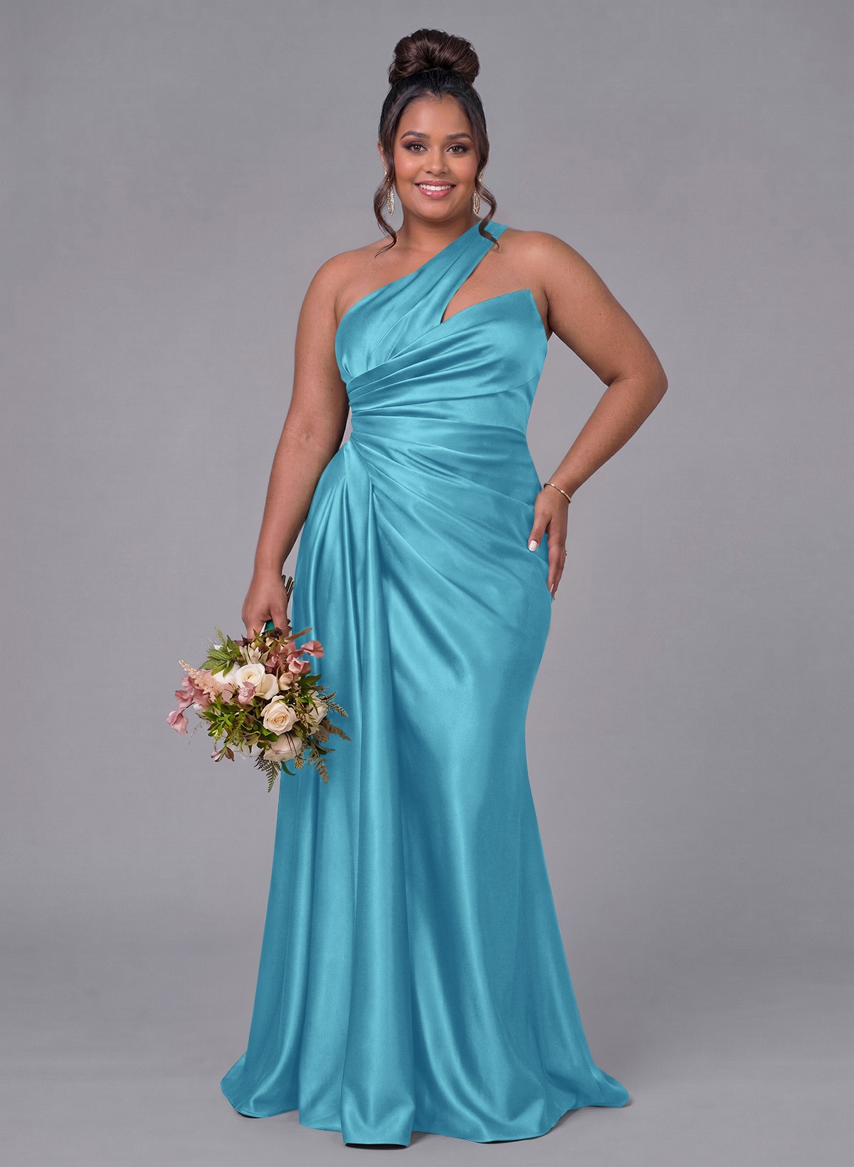 Sheath/Column One-Shoulder Silk Like Satin Bridesmaid Dresses With Ruffle, product image 332