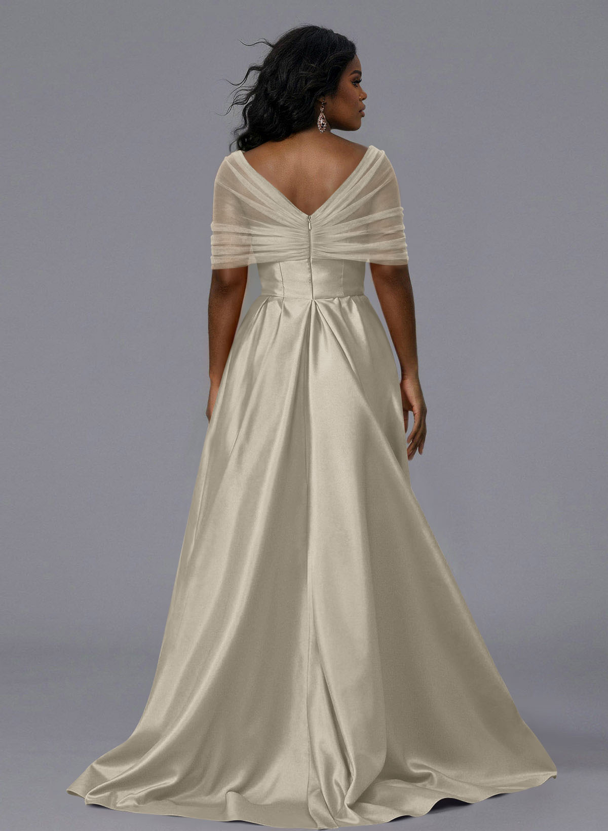 Elegant Tulle Asymmetrical Neckline Satin Bridesmaid Dresses With Split Front/Sweeping Side Drape, product image 152