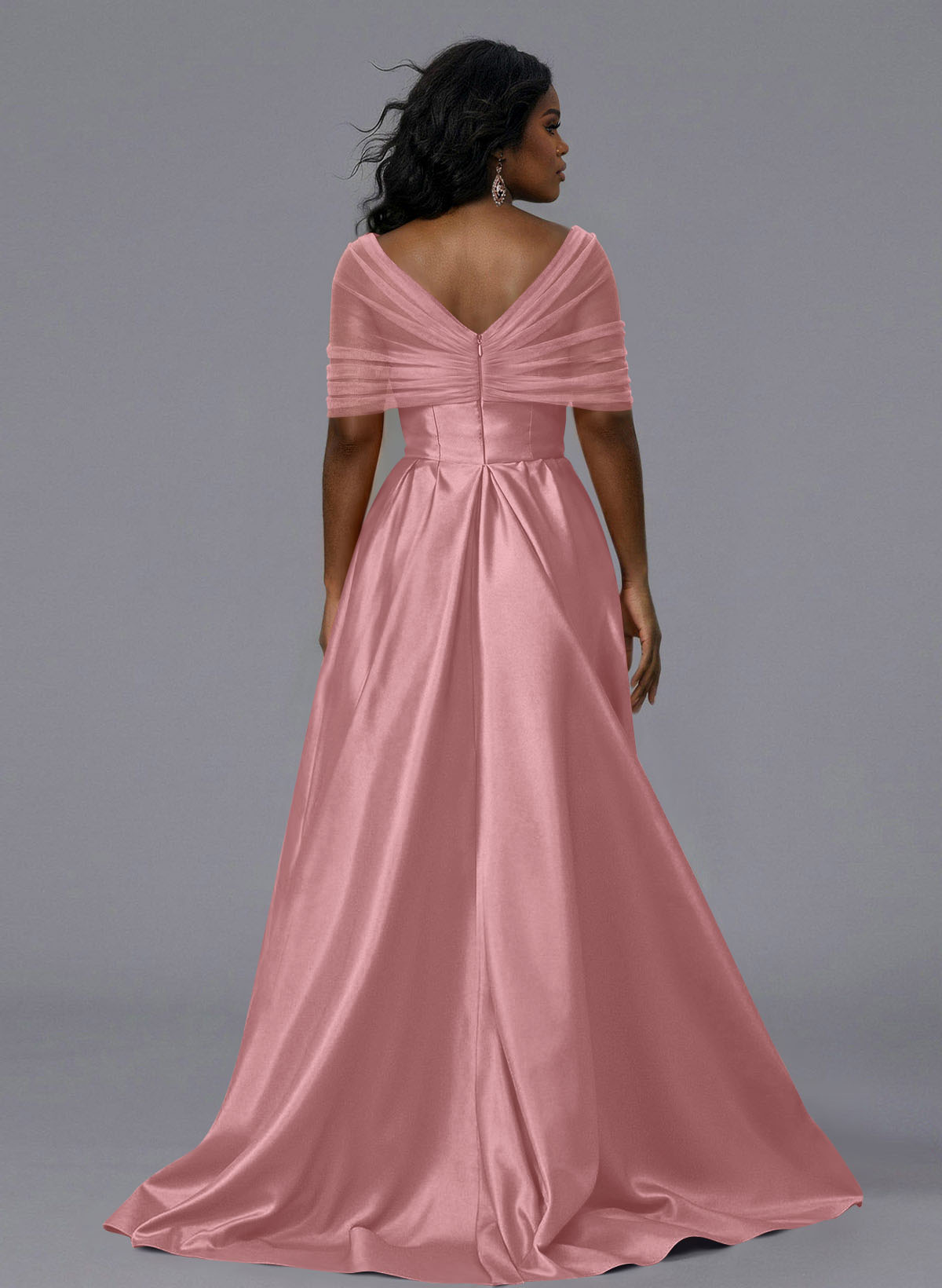 Elegant Tulle Asymmetrical Neckline Satin Bridesmaid Dresses With Split Front/Sweeping Side Drape, product image 230