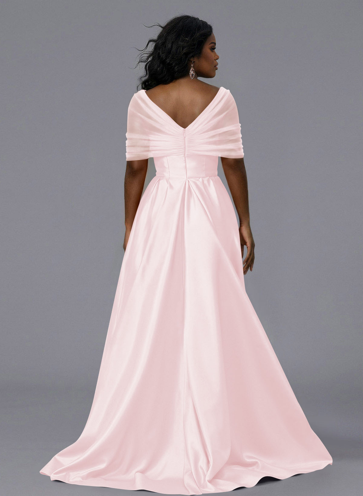 Elegant Tulle Asymmetrical Neckline Satin Bridesmaid Dresses With Split Front/Sweeping Side Drape, product image 224