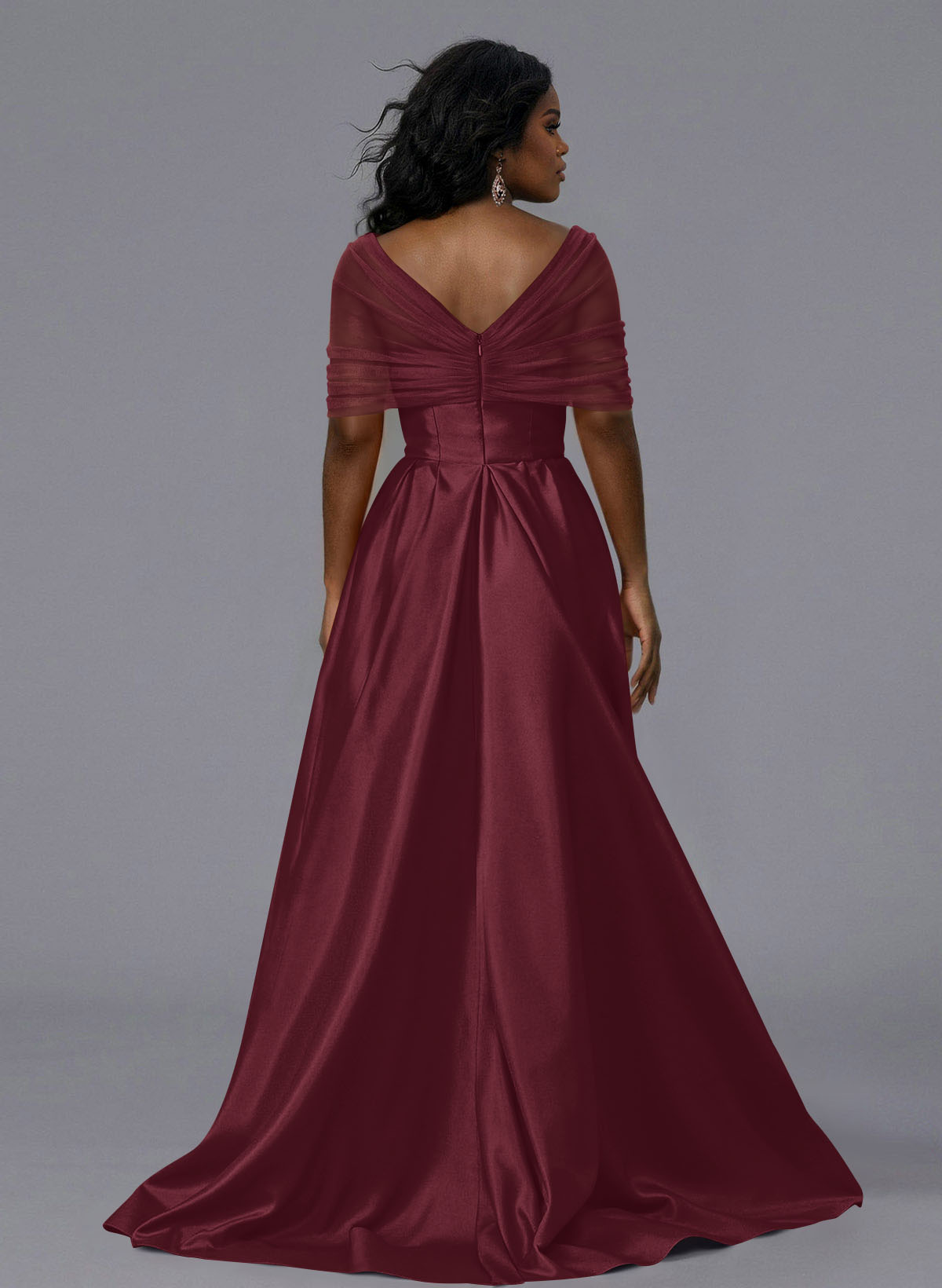 Elegant Tulle Asymmetrical Neckline Satin Bridesmaid Dresses With Split Front/Sweeping Side Drape, product image 248