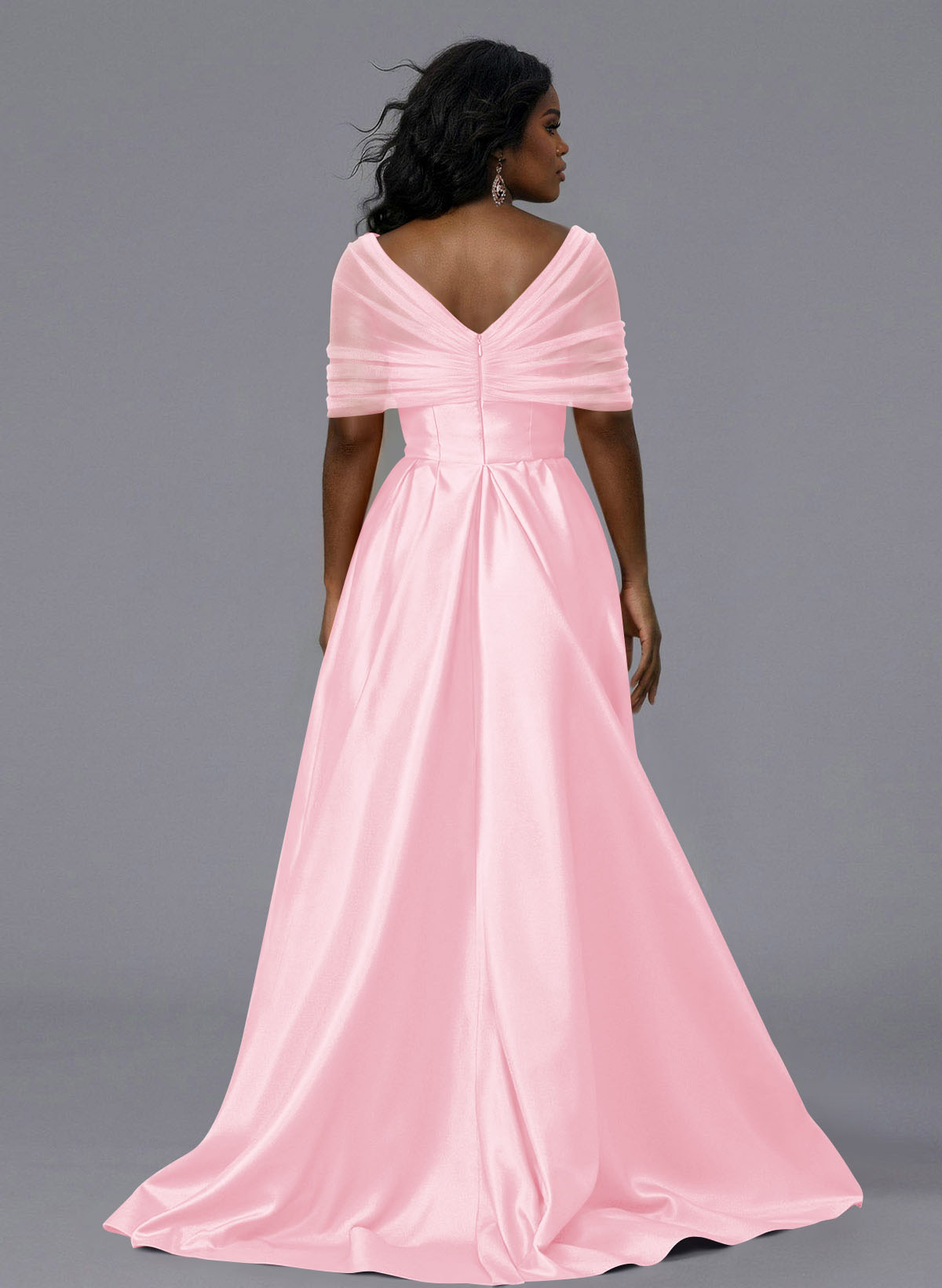Elegant Tulle Asymmetrical Neckline Satin Bridesmaid Dresses With Split Front/Sweeping Side Drape, product image 222