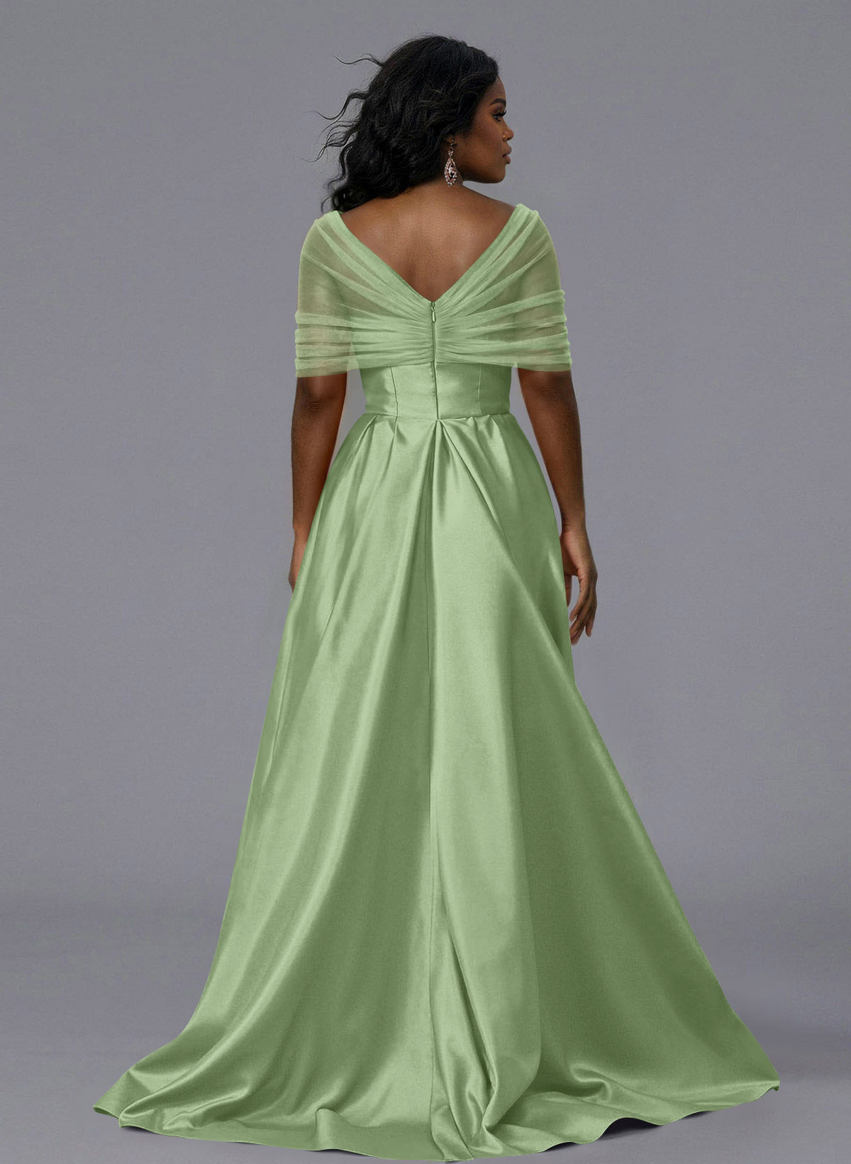 Elegant Tulle Asymmetrical Neckline Satin Bridesmaid Dresses With Split Front/Sweeping Side Drape, product image 190