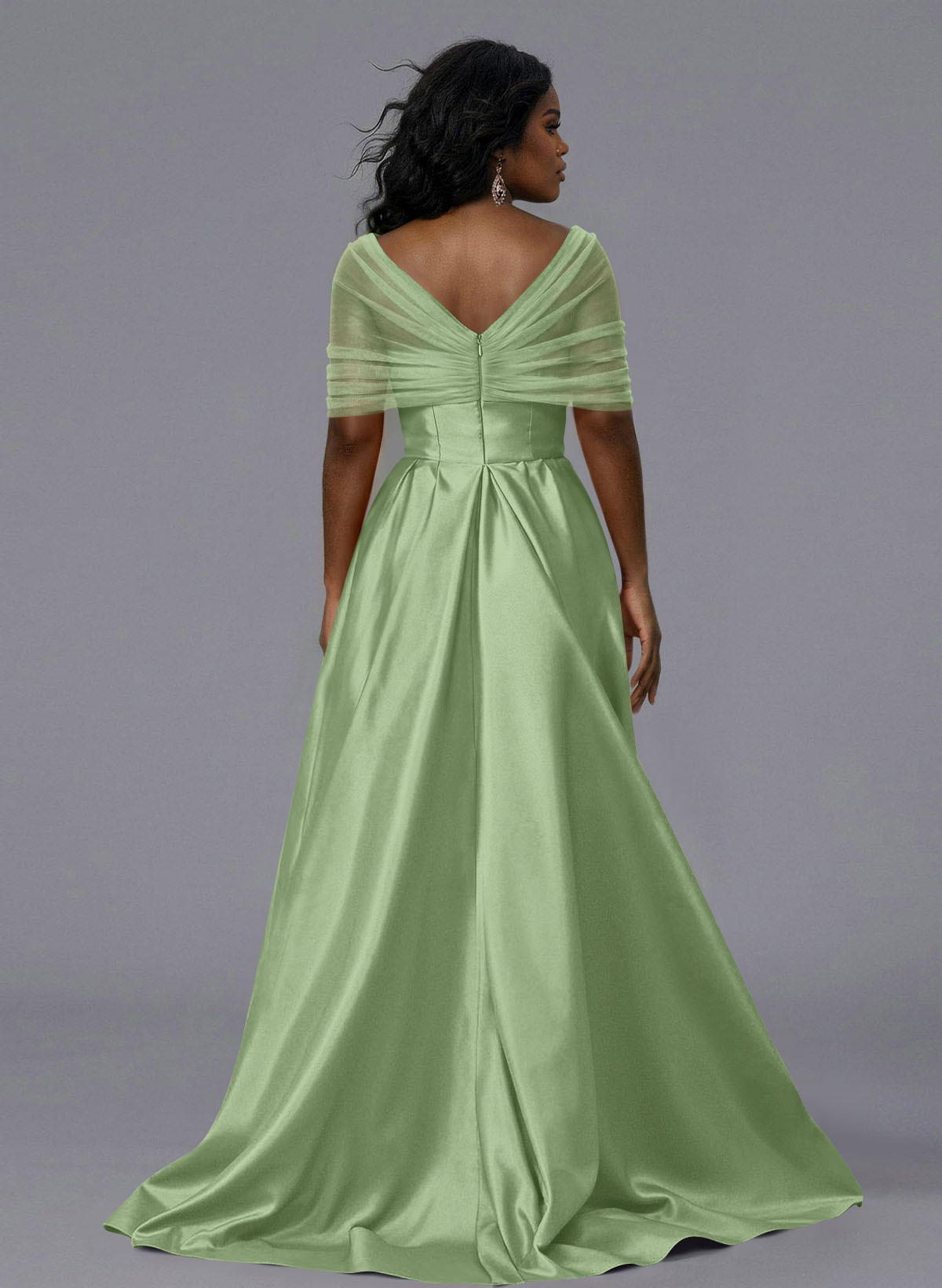 Elegant Tulle Asymmetrical Neckline Satin Bridesmaid Dresses With Split Front/Sweeping Side Drape, product image 190