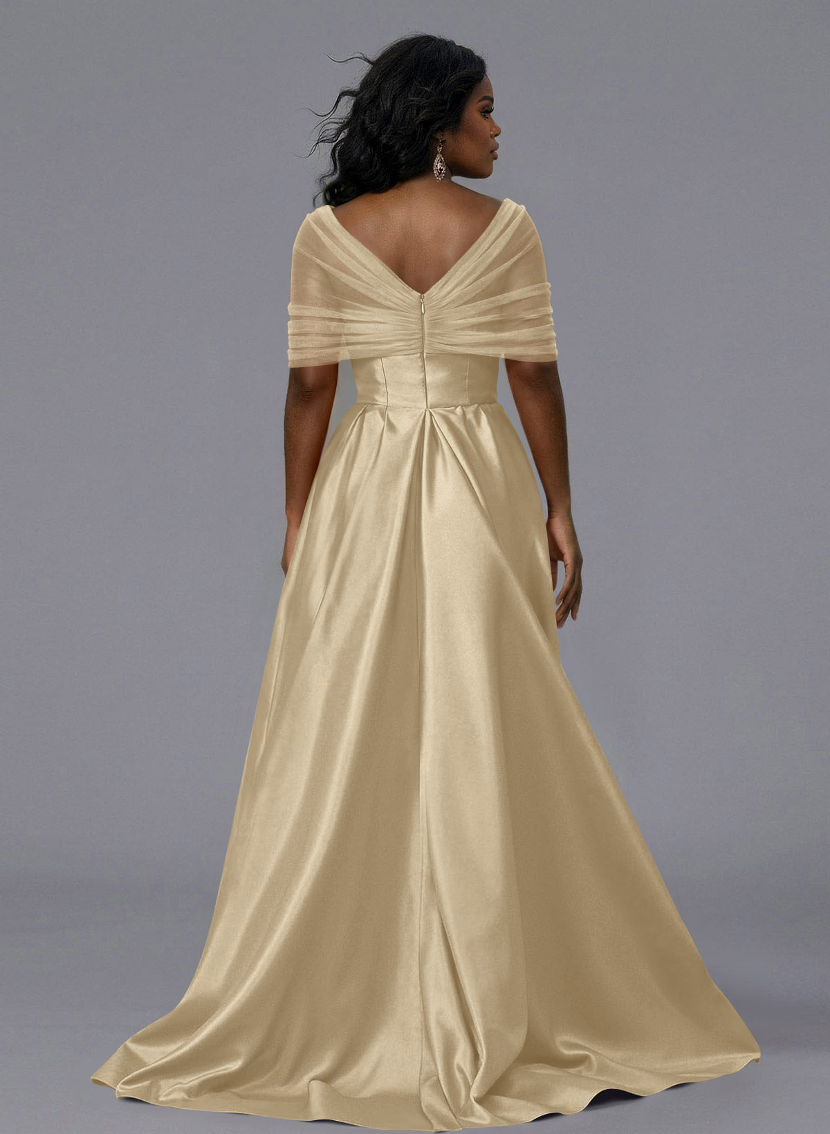 Elegant Tulle Asymmetrical Neckline Satin Bridesmaid Dresses With Split Front/Sweeping Side Drape, product image 182