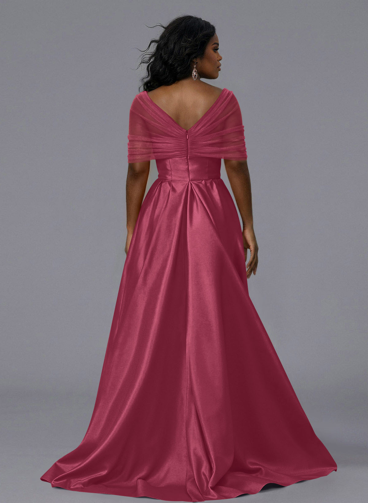 Elegant Tulle Asymmetrical Neckline Satin Bridesmaid Dresses With Split Front/Sweeping Side Drape, product image 244