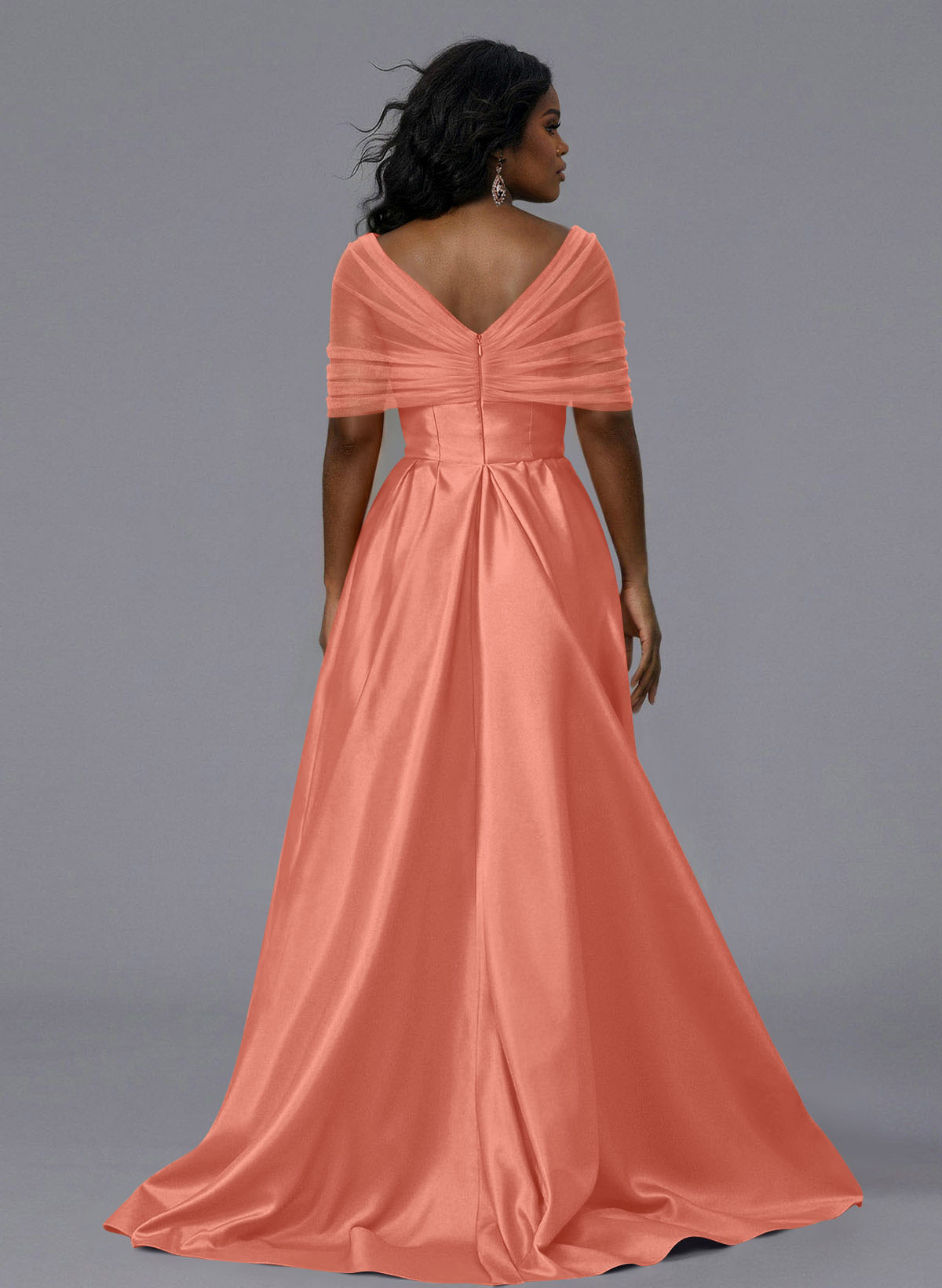 Elegant Tulle Asymmetrical Neckline Satin Bridesmaid Dresses With Split Front/Sweeping Side Drape, product image 226