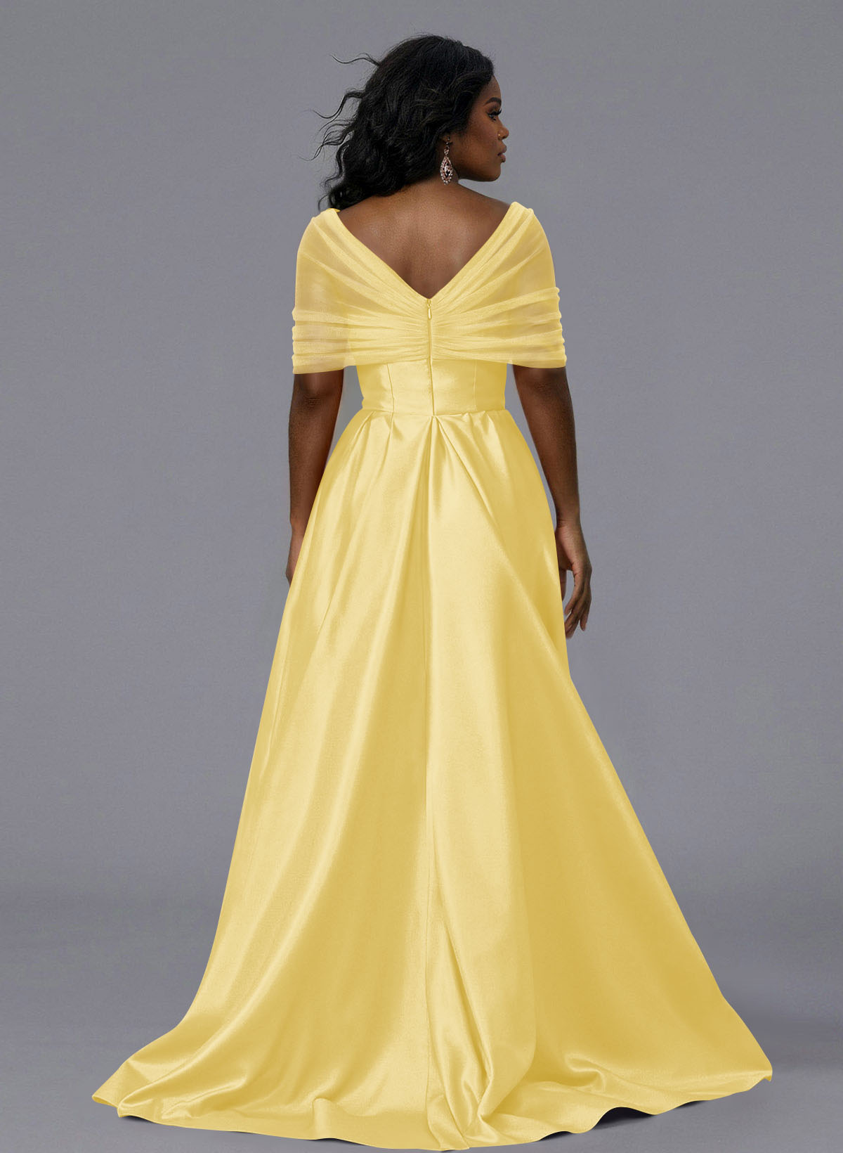 Elegant Tulle Asymmetrical Neckline Satin Bridesmaid Dresses With Split Front/Sweeping Side Drape, product image 178