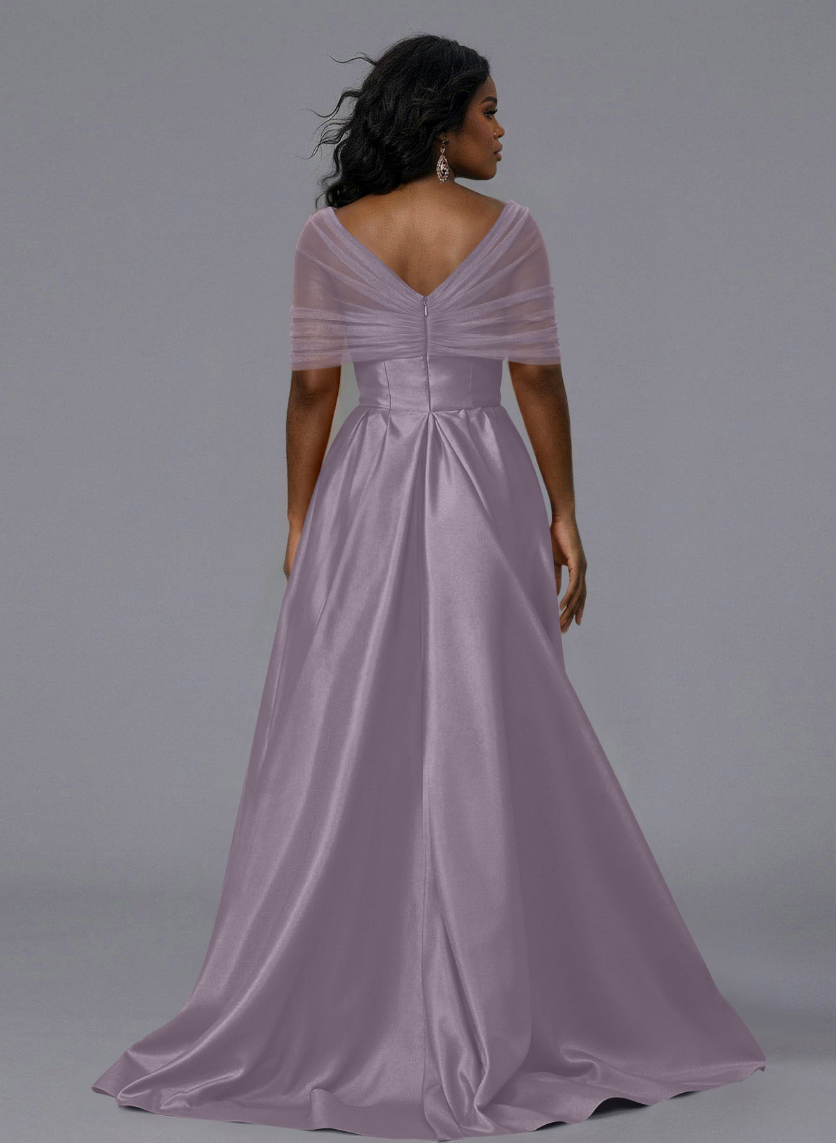 Elegant Tulle Asymmetrical Neckline Satin Bridesmaid Dresses With Split Front/Sweeping Side Drape, product image 220