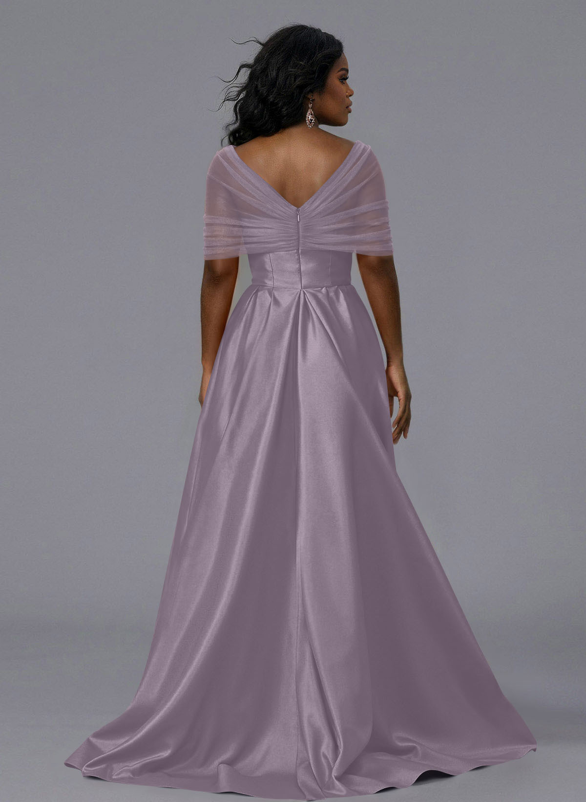 Elegant Tulle Asymmetrical Neckline Satin Bridesmaid Dresses With Split Front/Sweeping Side Drape, product image 220