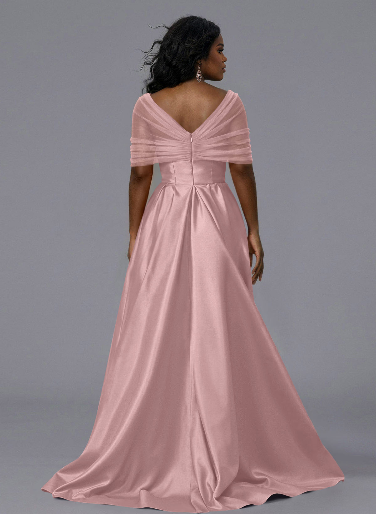 Elegant Tulle Asymmetrical Neckline Satin Bridesmaid Dresses With Split Front/Sweeping Side Drape, product image 234