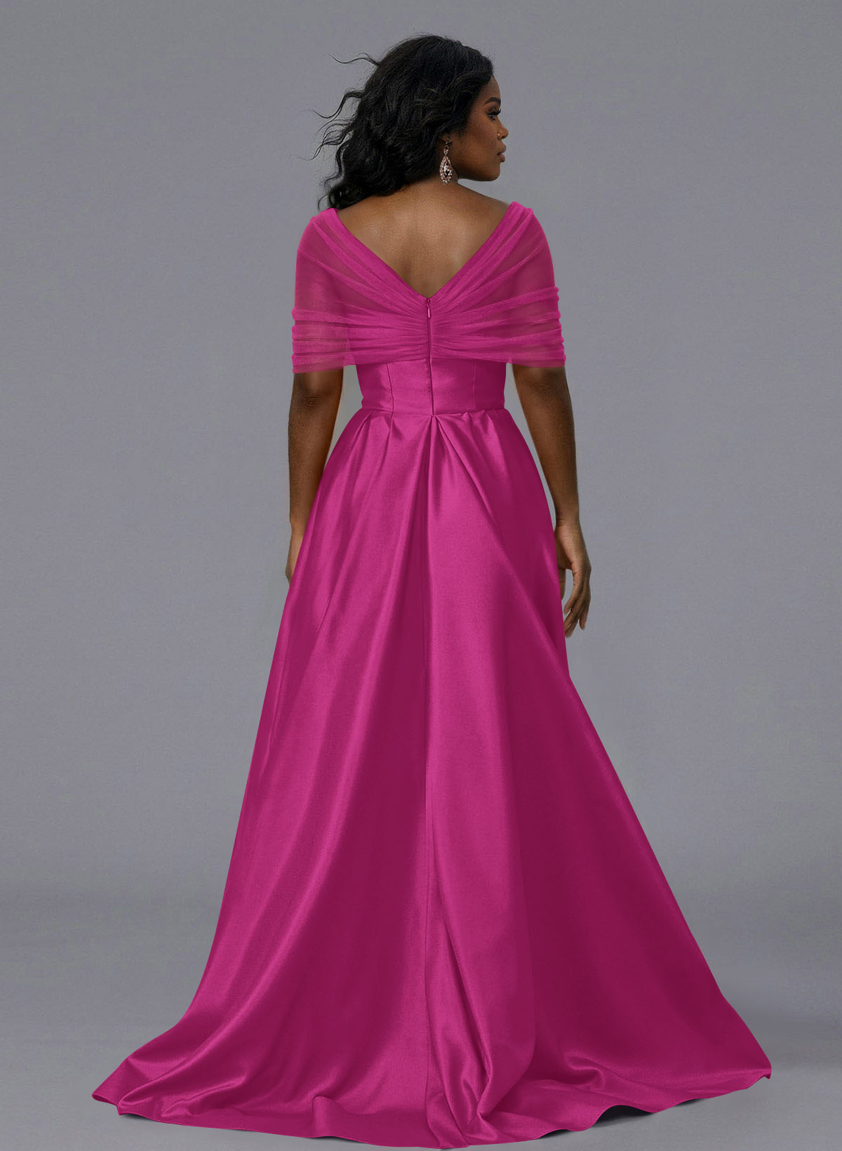 Elegant Tulle Asymmetrical Neckline Satin Bridesmaid Dresses With Split Front/Sweeping Side Drape, product image 202