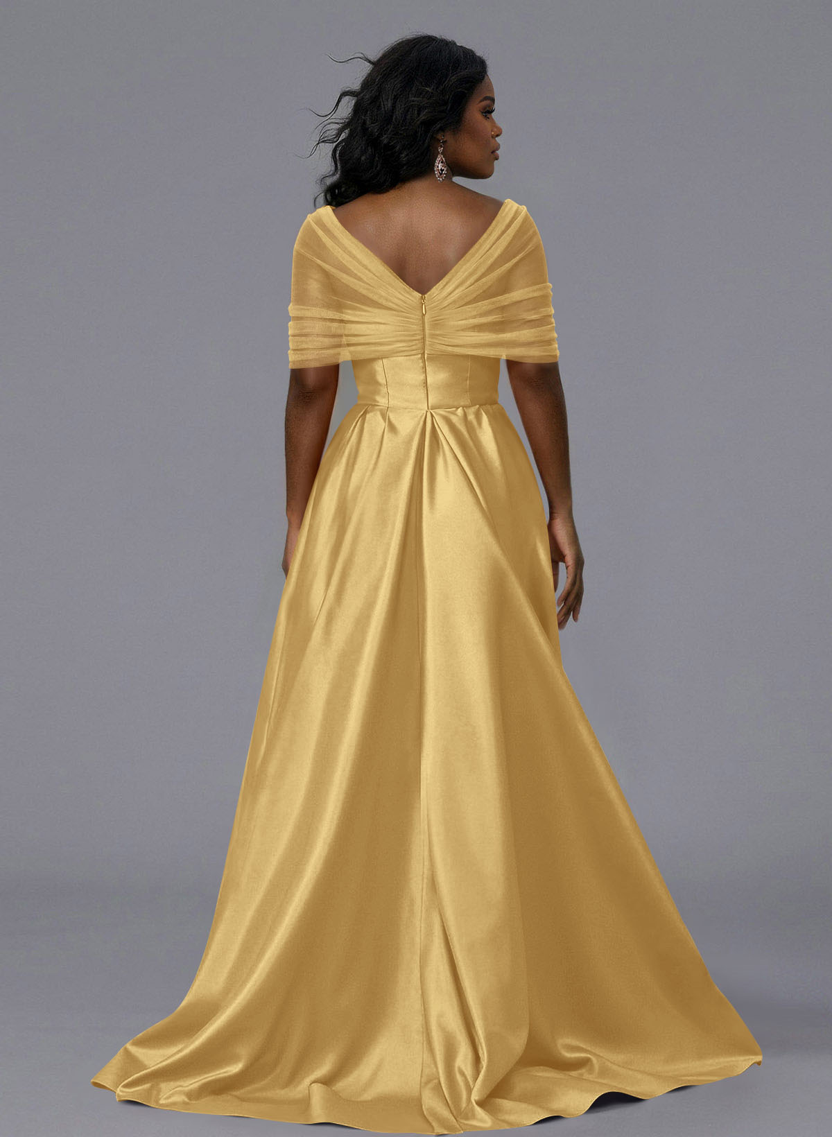 Elegant Tulle Asymmetrical Neckline Satin Bridesmaid Dresses With Split Front/Sweeping Side Drape, product image 176