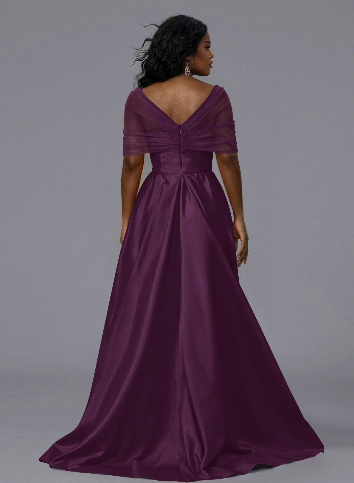 Elegant Tulle Asymmetrical Neckline Satin Bridesmaid Dresses With Split Front/Sweeping Side Drape, product image 206