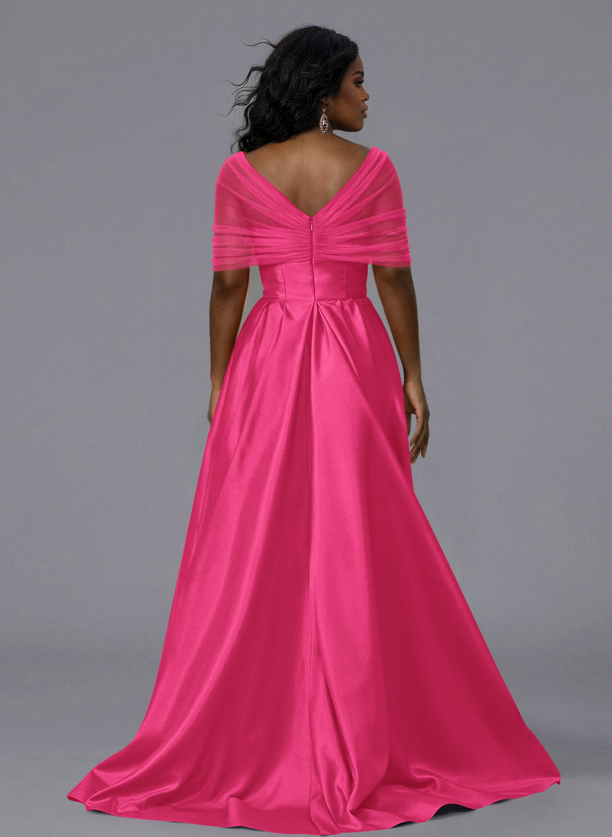 Elegant Tulle Asymmetrical Neckline Satin Bridesmaid Dresses With Split Front/Sweeping Side Drape, product image 158