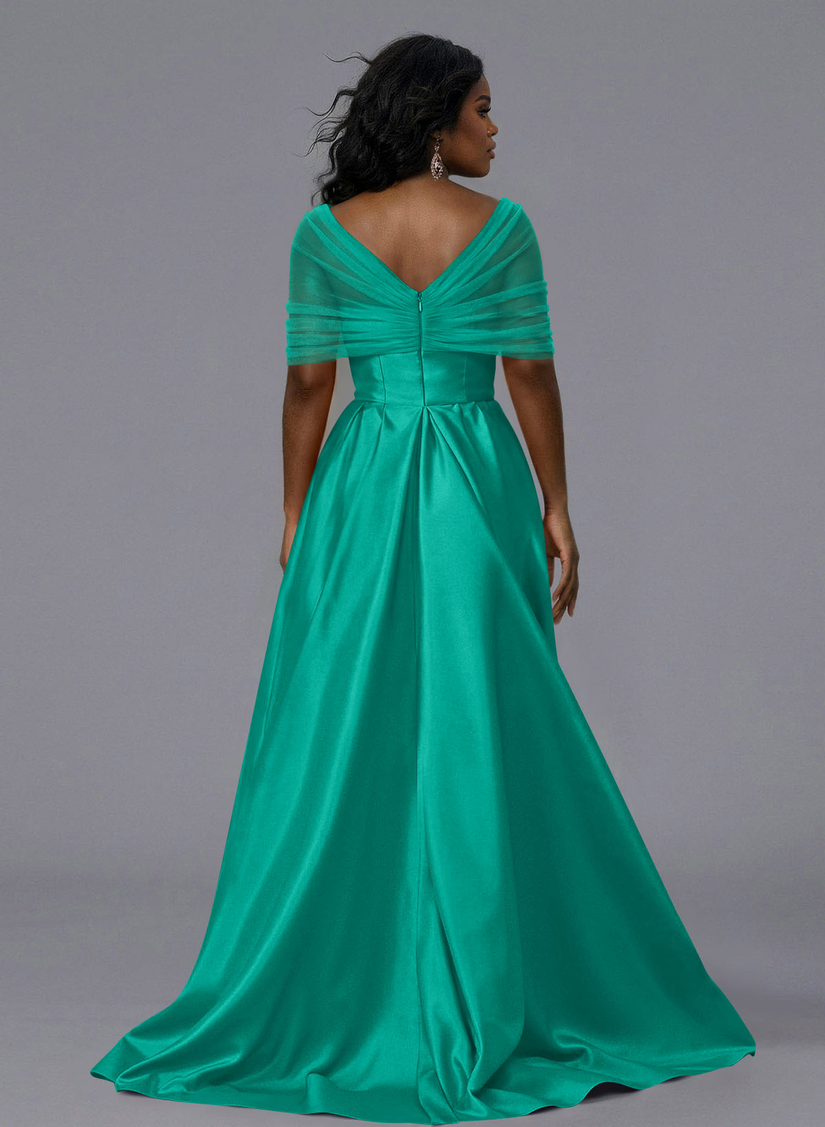 Elegant Tulle Asymmetrical Neckline Satin Bridesmaid Dresses With Split Front/Sweeping Side Drape, product image 192