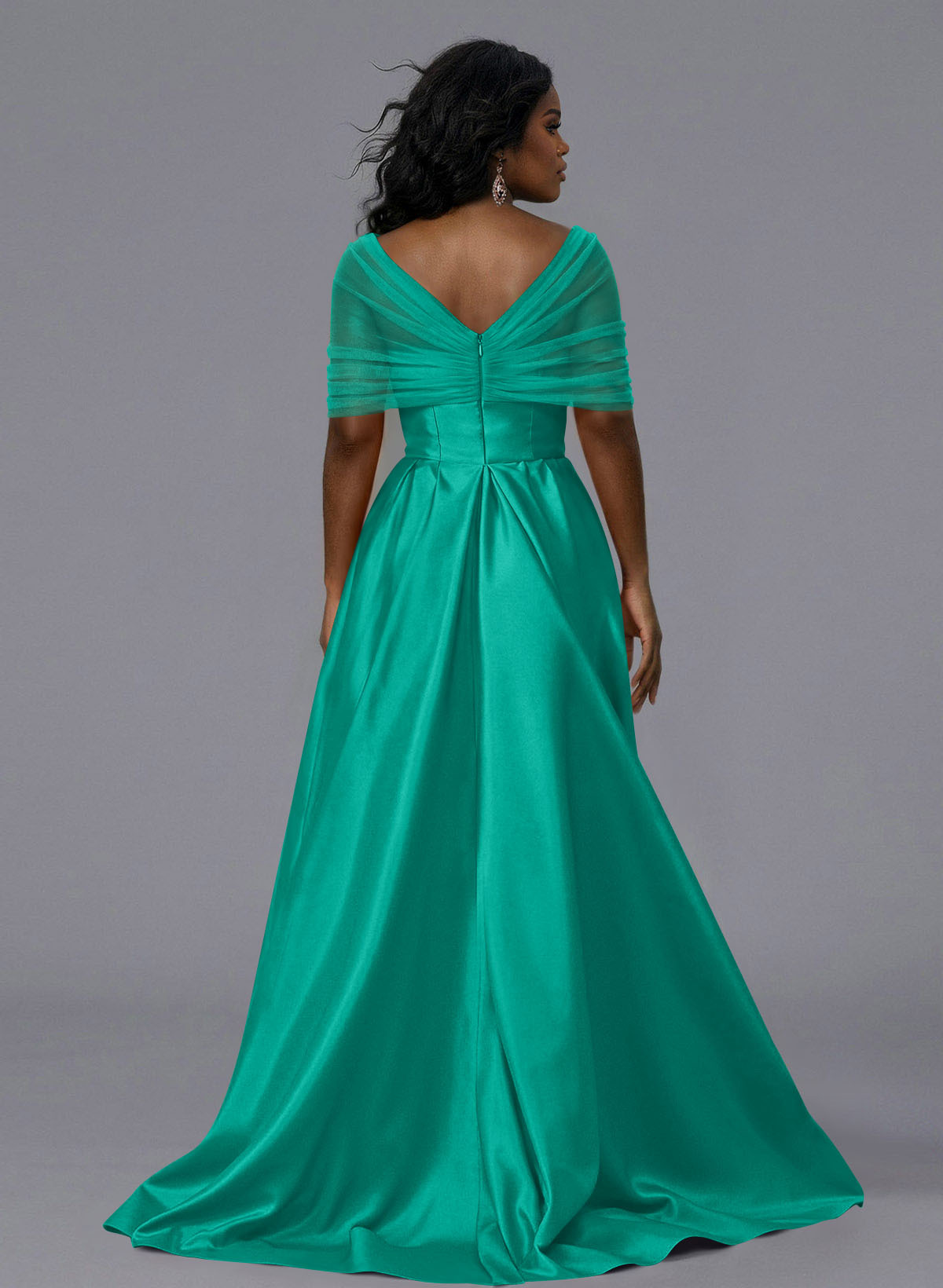 Elegant Tulle Asymmetrical Neckline Satin Bridesmaid Dresses With Split Front/Sweeping Side Drape, product image 192