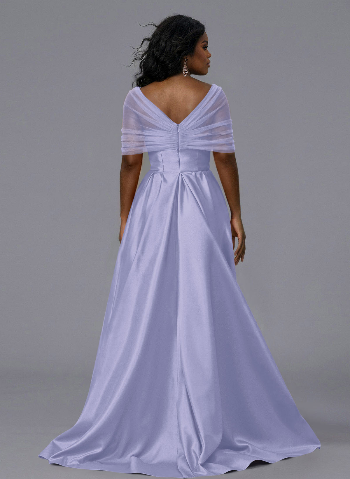 Elegant Tulle Asymmetrical Neckline Satin Bridesmaid Dresses With Split Front/Sweeping Side Drape, product image 210