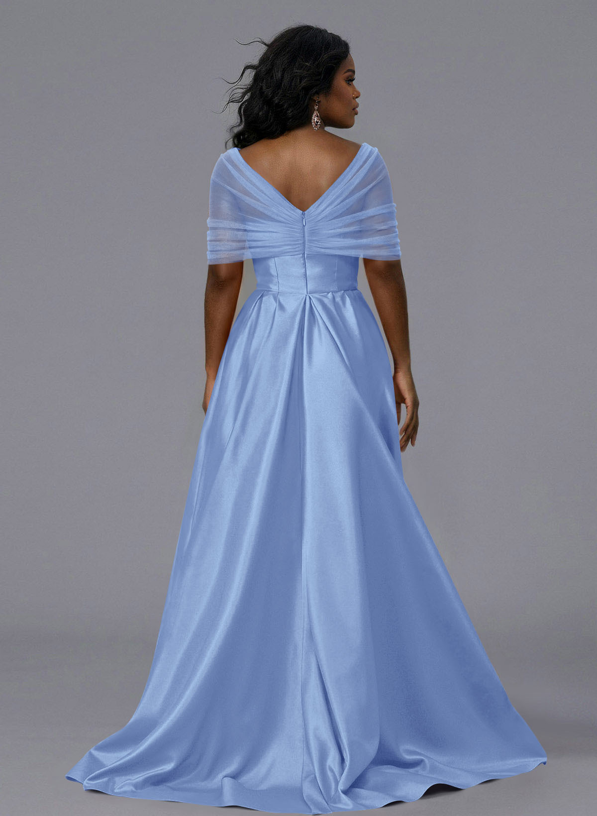 Elegant Tulle Asymmetrical Neckline Satin Bridesmaid Dresses With Split Front/Sweeping Side Drape, product image 254