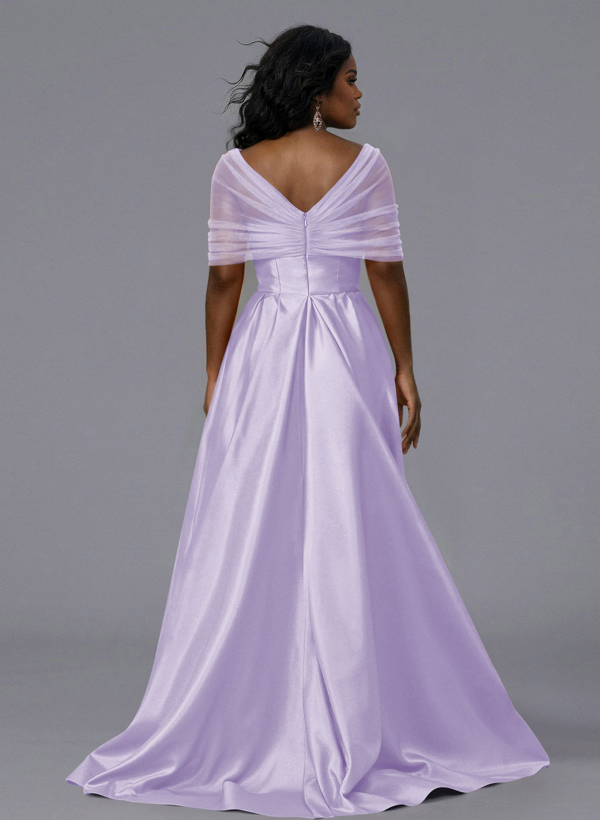 Elegant Tulle Asymmetrical Neckline Satin Bridesmaid Dresses With Split Front/Sweeping Side Drape, product image 212