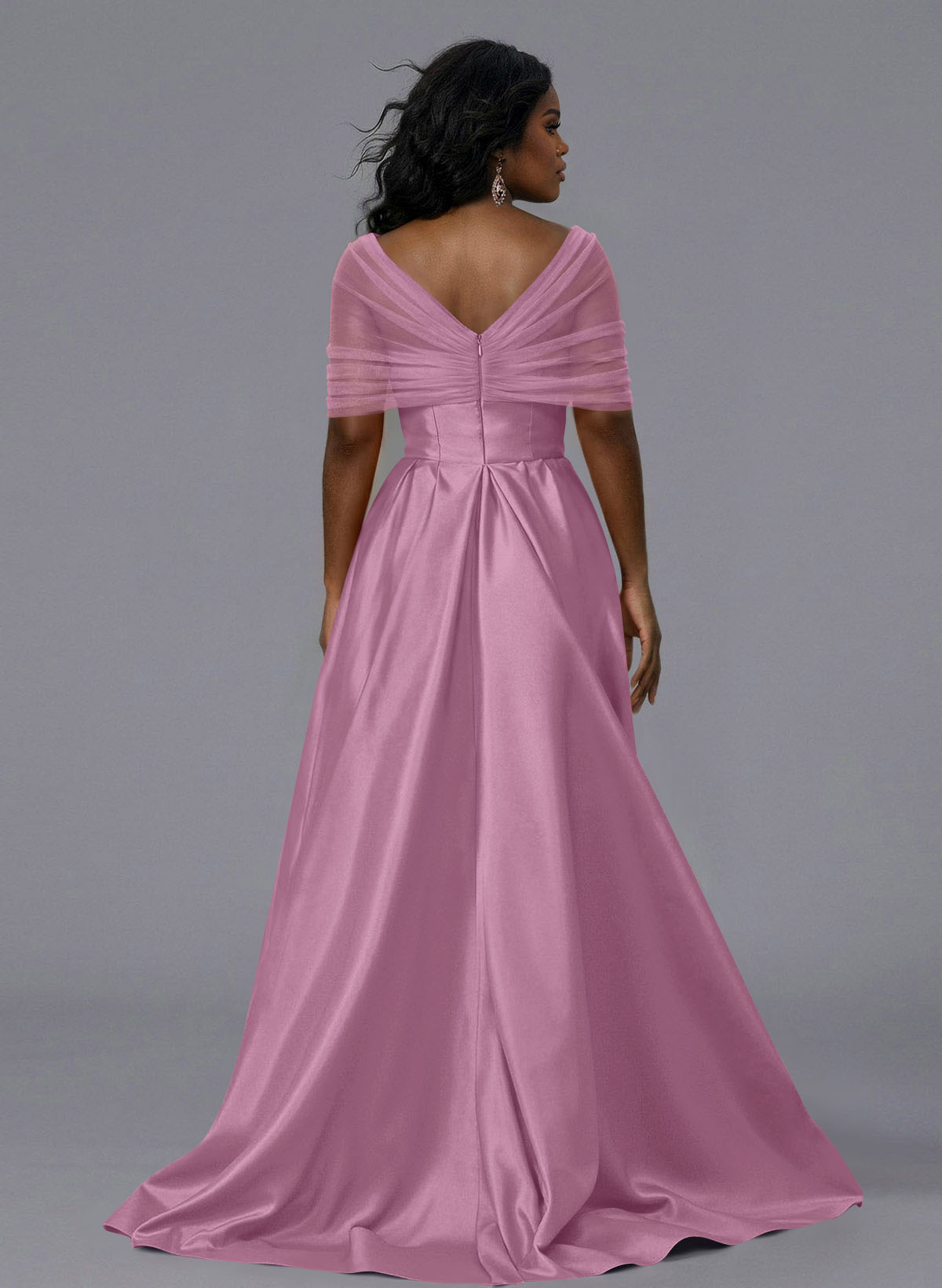 Elegant Tulle Asymmetrical Neckline Satin Bridesmaid Dresses With Split Front/Sweeping Side Drape, product image 214
