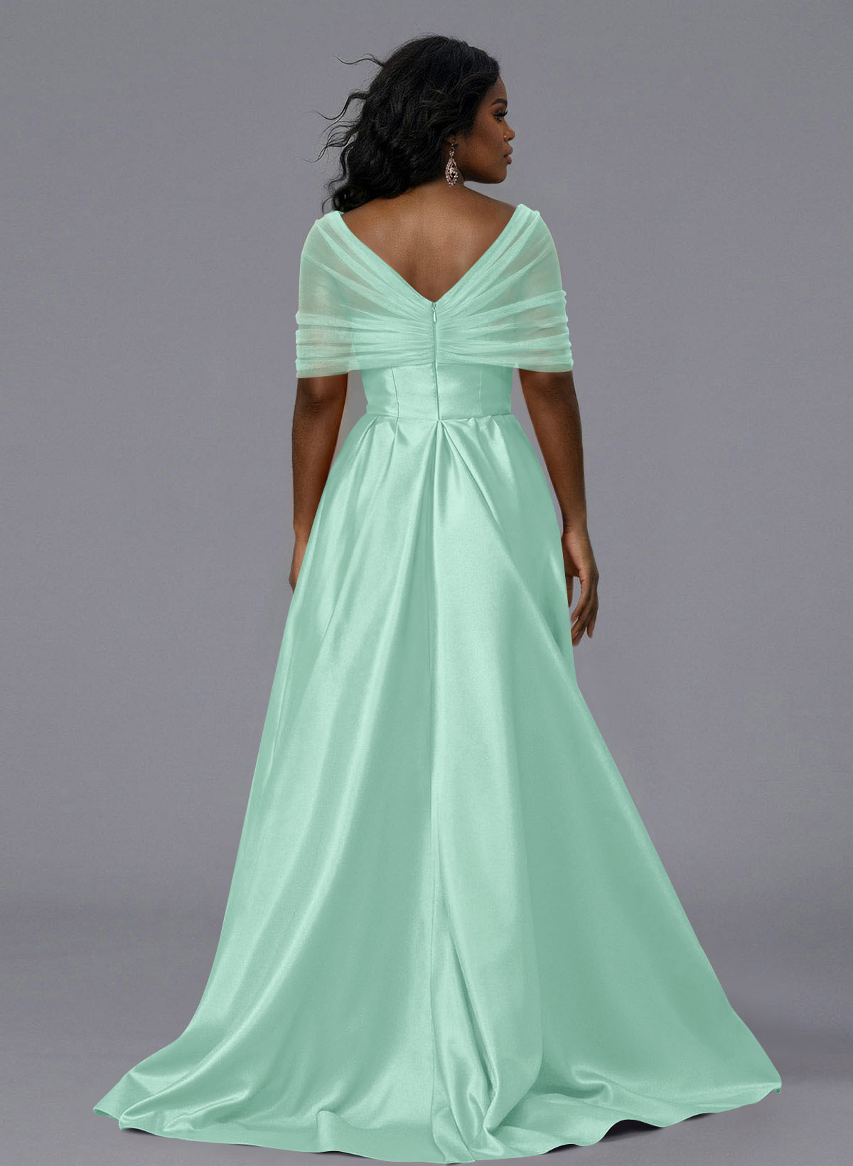 Elegant Tulle Asymmetrical Neckline Satin Bridesmaid Dresses With Split Front/Sweeping Side Drape, product image 186