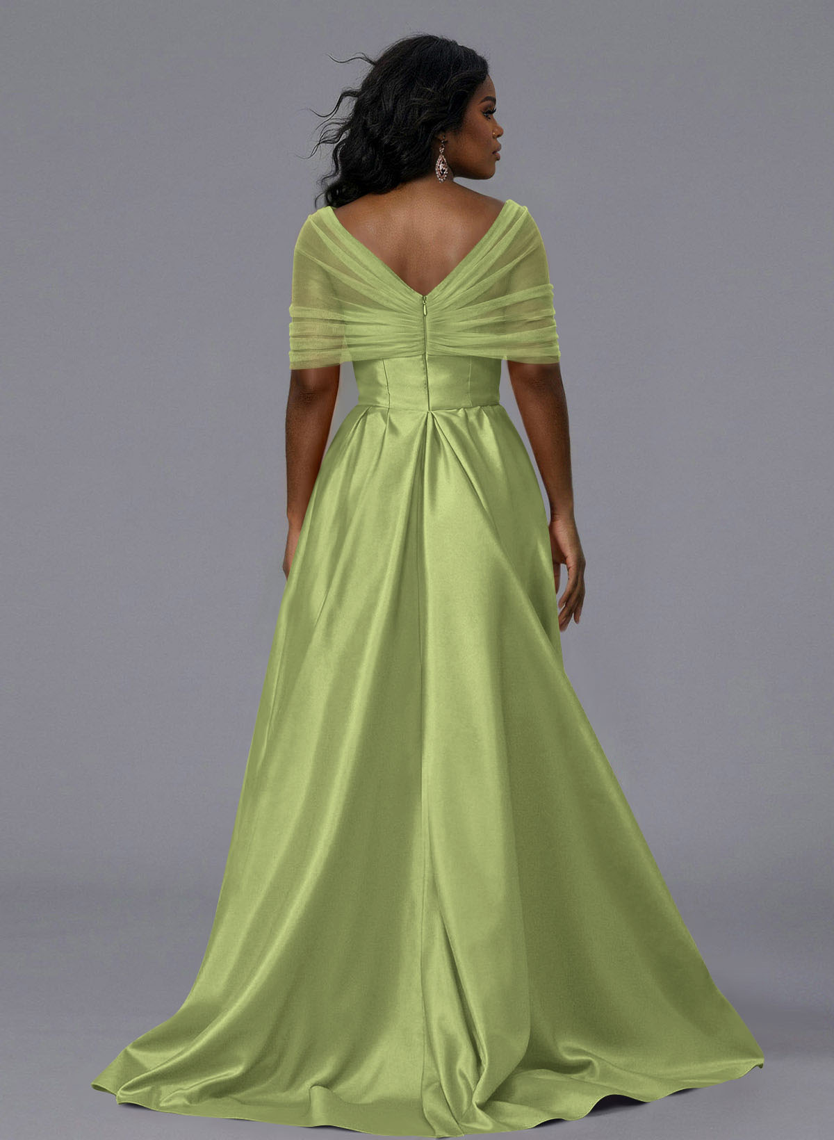 Elegant Tulle Asymmetrical Neckline Satin Bridesmaid Dresses With Split Front/Sweeping Side Drape, product image 144
