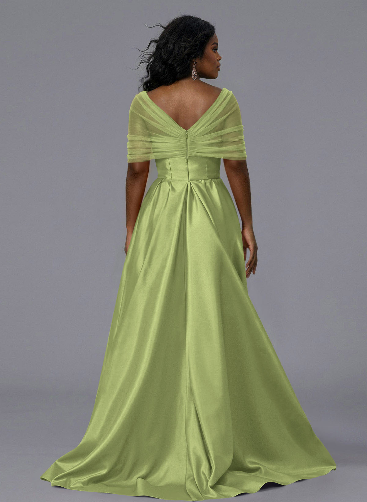 Elegant Tulle Asymmetrical Neckline Satin Bridesmaid Dresses With Split Front/Sweeping Side Drape, product image 144