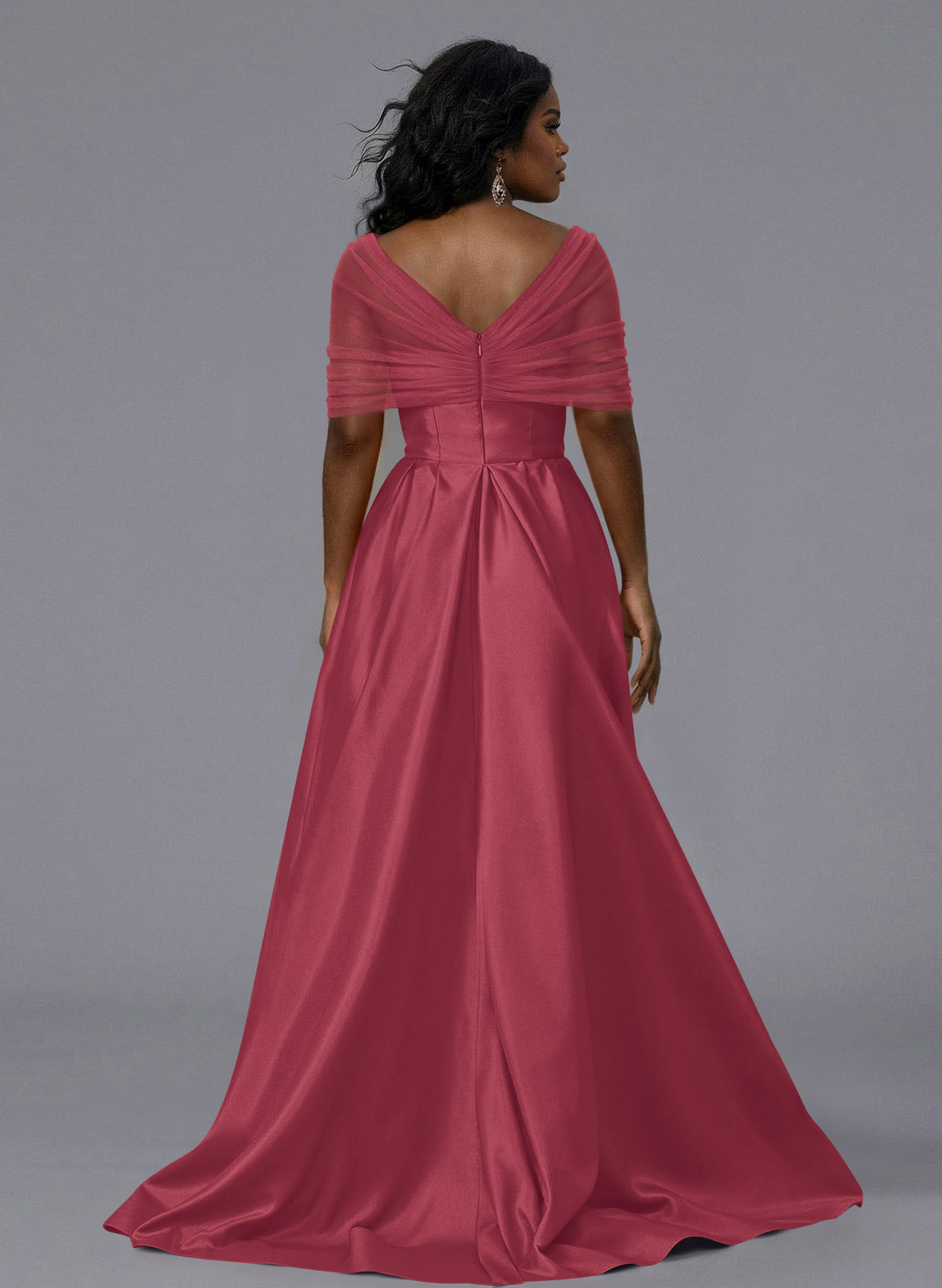 Elegant Tulle Asymmetrical Neckline Satin Bridesmaid Dresses With Split Front/Sweeping Side Drape, product image 242