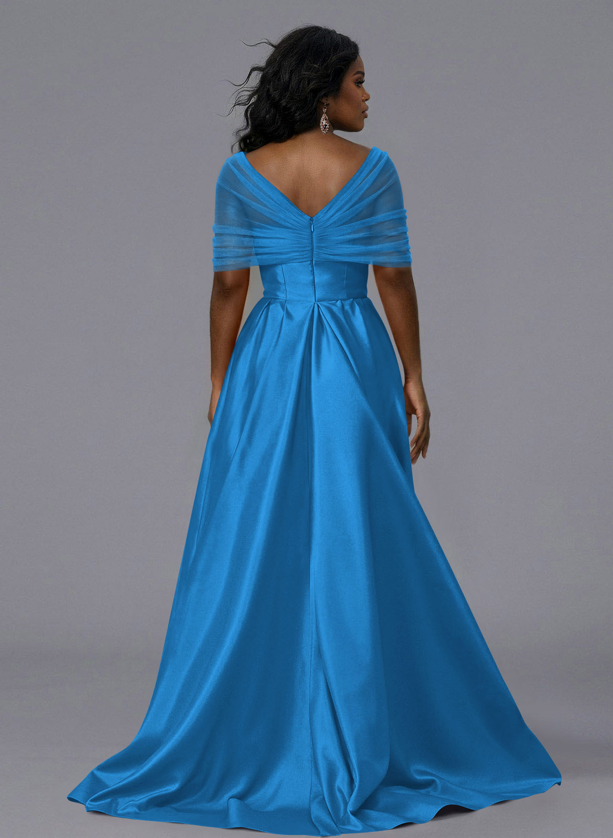 Elegant Tulle Asymmetrical Neckline Satin Bridesmaid Dresses With Split Front/Sweeping Side Drape, product image 258