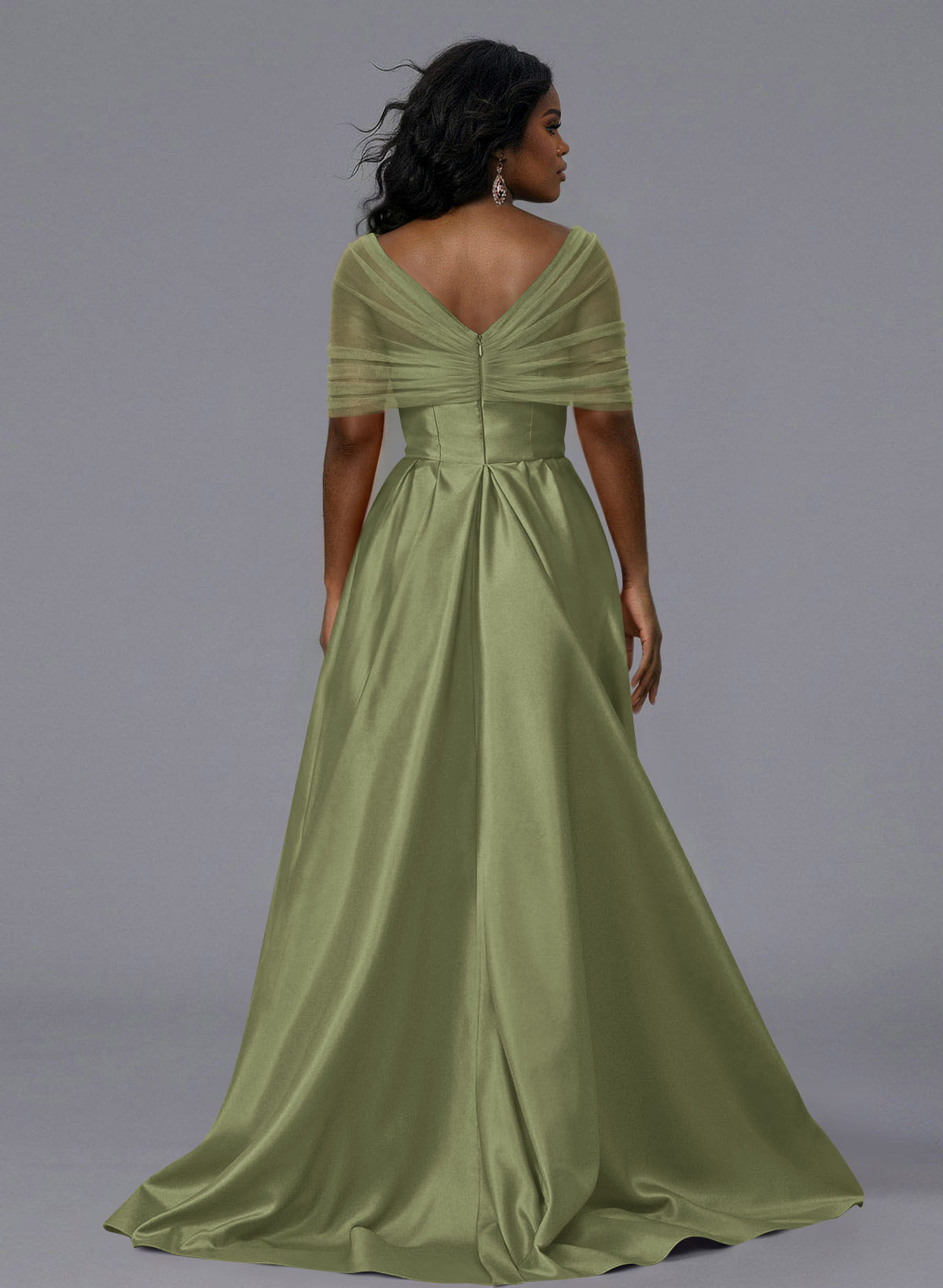 Elegant Tulle Asymmetrical Neckline Satin Bridesmaid Dresses With Split Front/Sweeping Side Drape, product image 154