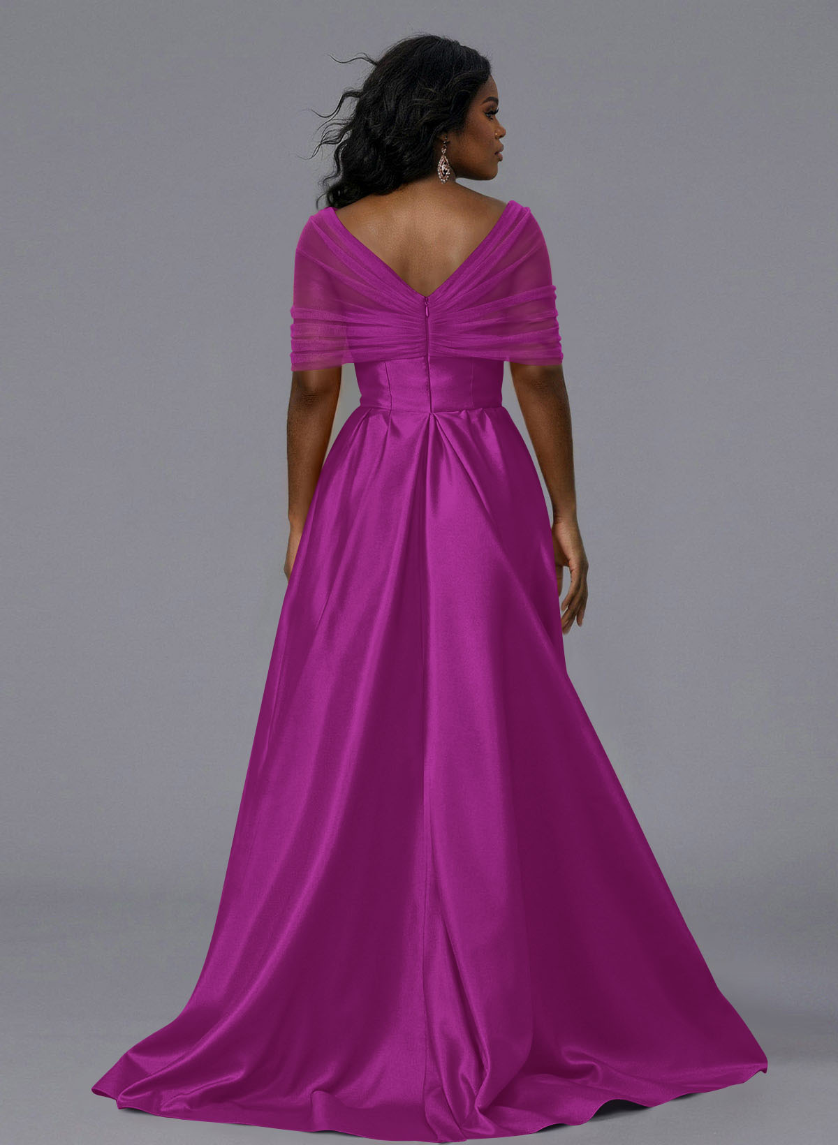 Elegant Tulle Asymmetrical Neckline Satin Bridesmaid Dresses With Split Front/Sweeping Side Drape, product image 204